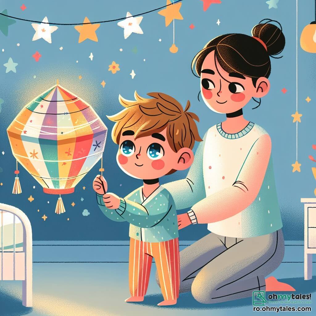 Un băiețel de 4 ani, pe nume Matei, cu părul blond și ochi plini de curiozitate, ține în mâini o lanternă colorată din hârtie. Are un zâmbet încrezător pe față, pregătit să-și înfrunte temerile. Lângă el, mama sa, o femeie blândă de aproximativ 30 de ani, cu părul brun prins în coc și un pulover pastel, îl încurajează cu o privire binevoitoare, stând ușor în spate pentru a-i lăsa spațiu. Scena se desfășoară în camera lui Matei, cu pereții vopsiți în albastru deschis și decorați cu stele aurii. Un pat cu cearceafuri colorate este vizibil în fundal, iar lumina lanternei luminează blând încăperea, creând o atmosferă caldă și reconfortantă. Matei stă lângă patul său, ținând lanterna care strălucește în întuneric, pregătit să adoarmă fără teamă, în timp ce mama sa îl observă cu mândrie și dragoste.