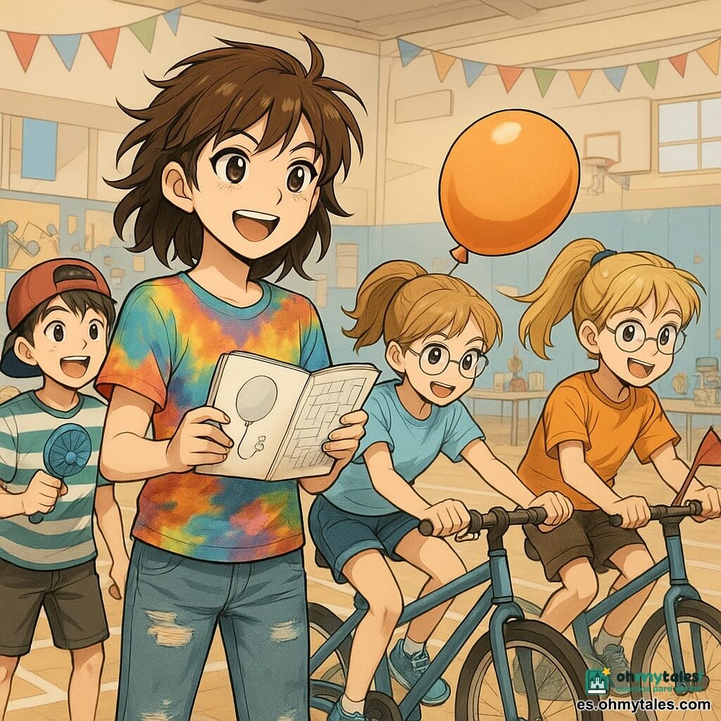 Una niña de 12 años, Lía, con el cabello castaño alborotado y ojos brillantes, está de pie con una sonrisa decidida, sosteniendo un cuaderno de bocetos abierto en sus manos. Lleva una camiseta colorida y unos vaqueros desgastados, mostrando su espíritu creativo y aventurero. A su lado, Vega, una niña de 12 años con gafas redondas y cabello rubio recogido en una cola de caballo, pedalea enérgicamente en una bicicleta estática, concentrada y sonriente. Nico, un chico de 13 años con una gorra al revés y una camiseta a rayas, observa con entusiasmo, sosteniendo un ventilador de mano. Yago, un niño de 8 años con el cabello despeinado y una expresión traviesa, agita una pequeña bandera de tela. Están en un gimnasio escolar decorado con banderines coloridos y mesas llenas de inventos extravagantes. La escena principal muestra a Lía y su equipo realizando un desafío imposible: hacer flotar un globo a través de un laberinto trazado en el suelo, gracias a un ingenioso soplo de aire. La atmósfera es alegre y animada, llena de creatividad y camaradería.