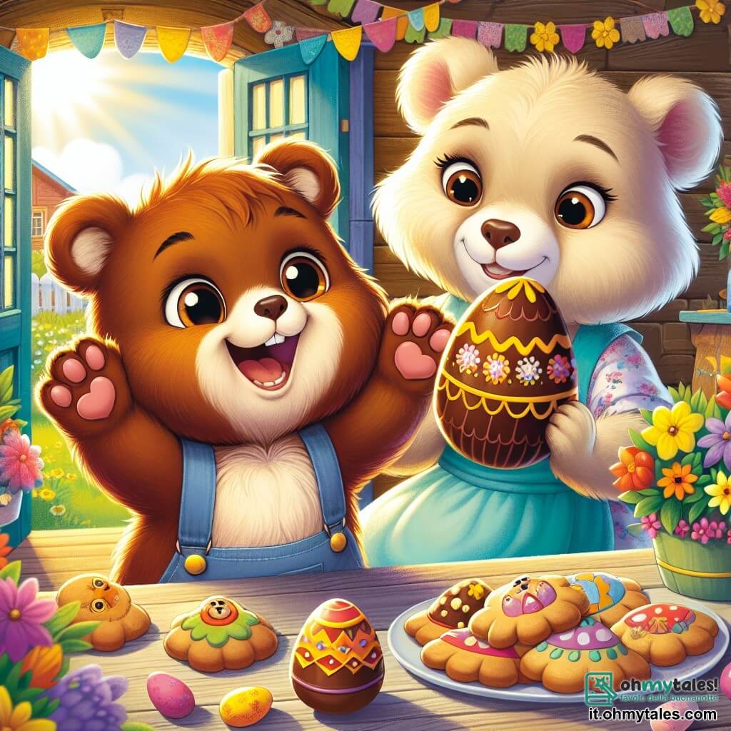 Benny, un piccolo orso bruno con occhi scintillanti e un sorriso radioso, è al centro dell'immagine, mentre tiene un grande uovo di cioccolato decorato con motivi dorati e colorati. Esprime una gioia immensa, con le zampe sollevate in aria, come se avesse appena scoperto un tesoro. Accanto a lui, la sua mamma, una dolce orsa dal pelo crema e dagli occhi benevoli, sorride orgogliosa guardando il suo piccolo. Sta preparando biscotti a forma di coniglio su un tavolo colorato, circondata da fiori primaverili. Lo sfondo è una deliziosa casa di legno, con finestre decorate da ghirlande colorate e un giardino fiorito dove brillano uova di Pasqua nascoste tra i fiori. Il sole splende in un cielo azzurro chiaro, creando un'atmosfera gioiosa e festosa. La scena mostra Benny che scopre l'uovo magico, circondato dall'amore e dal calore della sua famiglia, simboleggiando lo spirito di Pasqua e la magia delle avventure condivise.