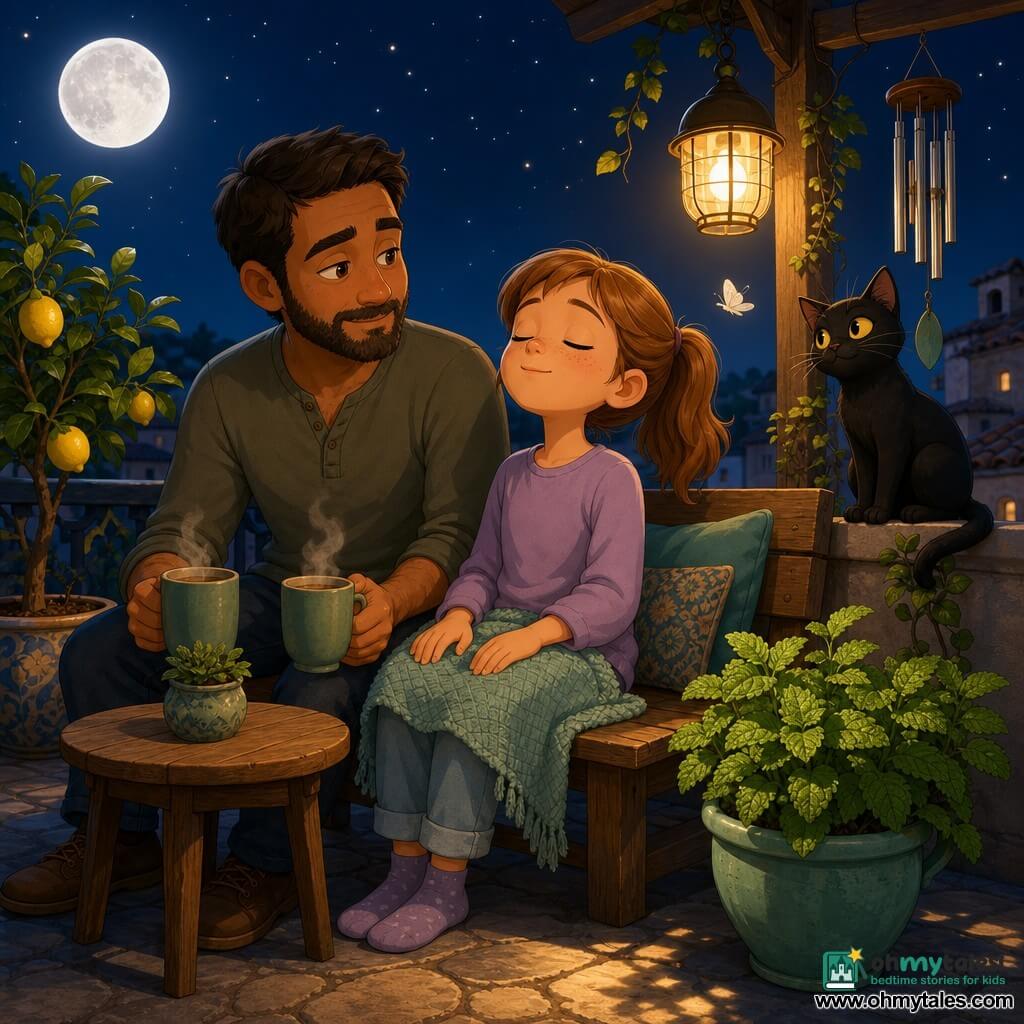 An 8-year-old girl with a calm, dreamy expression, round freckled face and light brown ponytail sits on a wooden bench with a wool blanket on her knees, hands resting on her thighs in a breathing pose; her ~35-year-old father with short beard and brown hair sits to her left, tender and patient, holding two steaming mugs on a small wooden table and leaning slightly toward her; a curious yellow-eyed black cat perches on the railing to the right with its tail curled around a mint plant; the scene is a nighttime home patio with pale stone slabs, an amber streetlight and a warm hanging lamp, a pot of textured mint, a small lemon tree casting a delicate shadow, a gently swinging metal wind chime, a full moon top-left with a few stars, a white moth near the lamp, steam rising from the mugs, and a peaceful, secure mood in soft blues, mint greens and warm yellows.