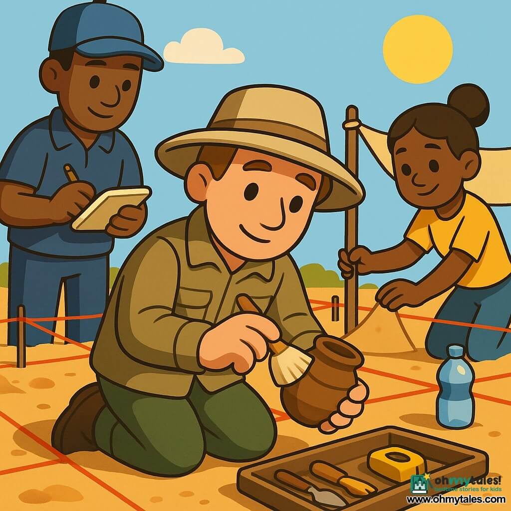 A smiling, focused archaeologist with light brown hair and a wide beige hat, wearing a khaki jacket, kneels and gently cleans a small brown pottery with a soft brush while a 30-year-old male friend in a blue cap stands left holding a notebook and pencil, and a 25-year-old female volunteer with tied-back hair and a yellow T-shirt sets up a small shade cloth to the right with a water bottle nearby; the sunny excavation site has light sandy soil, digging squares marked with red strings and a few tools on a wooden board, the scene centers on the partially buried ancient pot highlighted by soft light, calm curious atmosphere and warm respectful expressions.