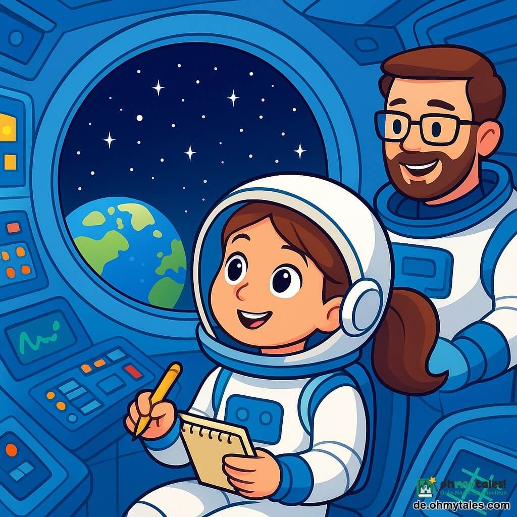 Eine junge Astronautin, Mira, schwebt in der Kabine der Raumstation, ihre Augen leuchten vor Neugier und Staunen. Sie trägt einen weißen Raumanzug mit blauen Akzenten, und ihre braunen Haare sind zu einem ordentlichen Pferdeschwanz gebunden. In einer Hand hält sie ein kleines Notizbuch und in der anderen einen Stift, bereit, ihre Beobachtungen über die Sterne festzuhalten. Im Hintergrund überwacht ein etwa 30-jähriger Astronaut mit einem kurzen Bart und Brille die Kontrollinstrumente. Er lächelt und ermutigt Mira bei ihrer Erkundung. Die Szene spielt sich in einer modernen Raumstation ab, mit großen runden Fenstern, die einen spektakulären Blick auf die Erde darunter bieten, umgeben von der Dunkelheit des Weltraums. Leuchtende Kontrollpaneele und schwebende Ausrüstungen schaffen eine futuristische und faszinierende Atmosphäre. Mira beobachtet die funkelnden Sterne durch das Fenster, ein bewunderndes Lächeln auf ihrem Gesicht, während sie sich darauf vorbereitet, die Milchstraße zu zeichnen und die Wunder des Universums zu dokumentieren.