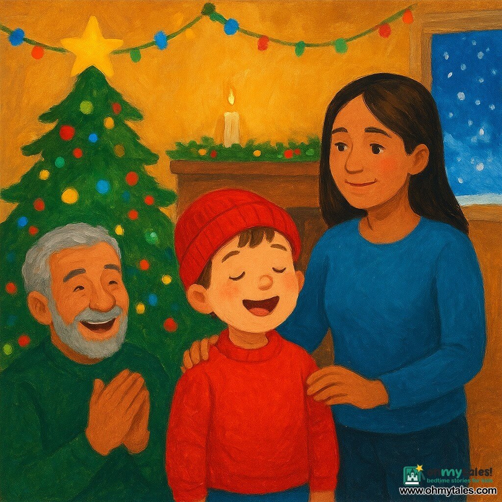 A 6-year-old boy named Leo, wearing a bright red hat and rosy cheeks, sings with a shy yet bright smile. He stands near a sparkling Christmas tree, surrounded by multicolored lights. His mother, a woman in her thirties with brown hair and a kind look, stands beside him, gently placing a hand on his shoulder. His grandfather, a gray-haired man with a smiling face, claps enthusiastically, standing slightly back near the fireplace. The scene takes place in a cozy living room, decorated with garlands and candles, with a crackling fire in the fireplace and snowflakes visible through the window. The main situation shows Leo singing a Christmas carol, surrounded by his encouraging family, in a festive and joyful atmosphere.