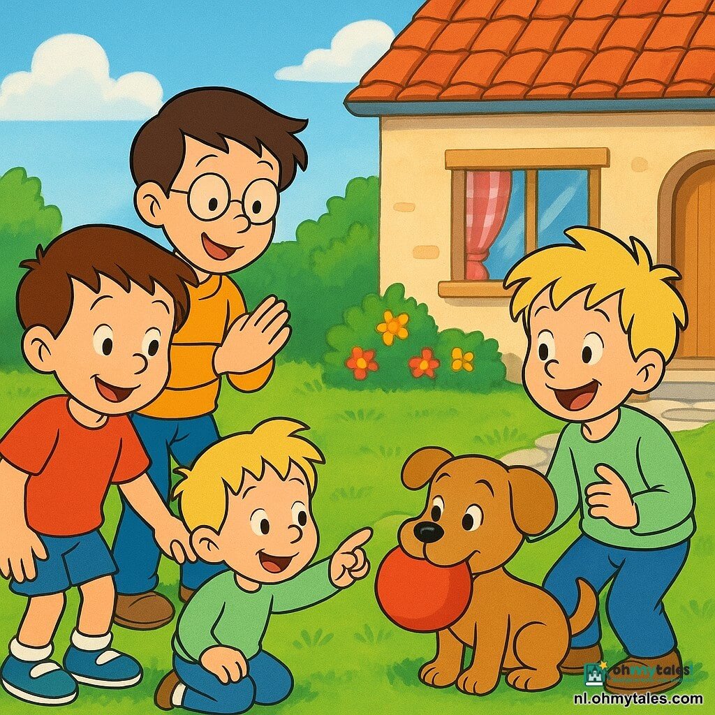 Vier kinderen: Sam (jongetje, ~6, kort bruin haar, rood T-shirt, blauw short) linksvoor houdt een hand vast en lacht naar de hond; Joep (jongetje, ~6, blond warrig haar, lichtgroene trui) rechts van Sam wijst blij naar de rode bal in de bek van de hond; Max (jongetje, ~7, kastanjebruin haar, ronde bril, geel T-shirt) iets achter hen, gehurkt en klappend; Lars (jongetje, ~6, zwart haar, oranje jasje) achteraan links gebogen alsof hij wil wegrennen. Een klein lichtbruin hondje met hangende oren en glanzende ronde ogen houdt een grote rode bal vast en kwispelt terwijl het de kinderen aankijkt. Voor een dorpshuis met rood pannendak, groene grasmat, ruitgordijn in het raam, wat kleurrijke bloemen en een licht stenen pad; zachte blauwe lucht met pluizige wolken. Hoofdsituatie: de kinderen spelen buiten, vinden de verloren bal terug, bijeen rond de hond, blije gezichten, dynamische gebaren, warme lichte sfeer, felle kleuren en duidelijke contouren in jaren 90 cartoonstijl.
