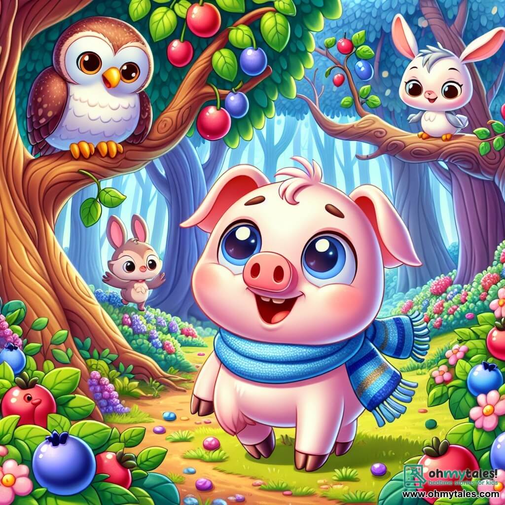 A little pig named Percy, with soft pink skin and a round snout, stands at the center of the scene, his eyes sparkling with excitement and a big smile on his face. He wears a blue scarf tied around his neck and gazes in wonder at a beautiful bush filled with colorful berries, including red, blue, and purple ones. To his right, Lila, a wise owl with brown feathers and big round eyes, perches on a branch, watching curiously and encouragingly. To the left, Benny, a rabbit with long ears and white fur, joyfully hops with his paws in the air, ready to taste the berries. 

The scene takes place in the enchanted forest of Snufflewood, where majestic trees with thick trunks and shiny leaves create a green canopy above them. Colorful flowers dance in the breeze, and a gentle ray of sunshine filters through the branches, illuminating the berry bush. 

Percy, Lila, and Benny are gathered to celebrate the return of the berries after helping their friend Cumulus, the cloud, find the dream dust. They are filled with joy and excitement, ready to share a feast of berries under the blue sky.