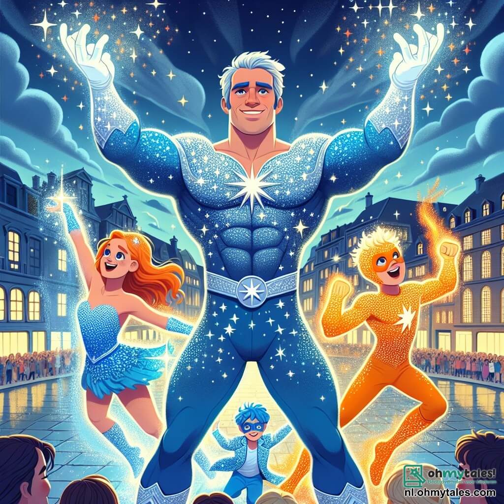 In het midden van de afbeelding staat Superster, een gespierde man van ongeveer dertig jaar, gekleed in een glanzend blauwe kostuum met fonkelende sterren. Zijn gezicht straalt vastberadenheid en moed uit, met sprankelende ogen. Hij heft zijn armen naar de lucht, waardoor een prachtige explosie van sterlicht om hem heen ontstaat. Aan zijn rechterkant staat Vlammetje, een tienjarig meisje met felrode haren, in een helder oranje kostuum. Ze glimlacht enthousiast en werpt vlammen de lucht in, wat een warme sfeer toevoegt. Aan zijn linkerkant staat Waterwonder, een twaalfjarige jongen met blauwe haren, die zijn krachten gebruikt om sprankelende waterdruppels te laten dansen. De achtergrond toont een groot stadsplein, omringd door kleurrijke gebouwen en verwonderde mensen die naar de scène kijken. De lucht is gevuld met donkere wolken, maar stralen van licht breken erdoorheen en verlichten de scène op magische wijze. De hoofdactie toont Superster en zijn vrienden verenigd in een heroïsche strijd tegen Donkerhart, een schurk die probeert de stad in duisternis te hullen. De felle kleuren en blije gezichten van de personages contrasteren met de dreigende schaduw van Donkerhart op de achtergrond, wat een dynamische en hoopvolle sfeer creëert.