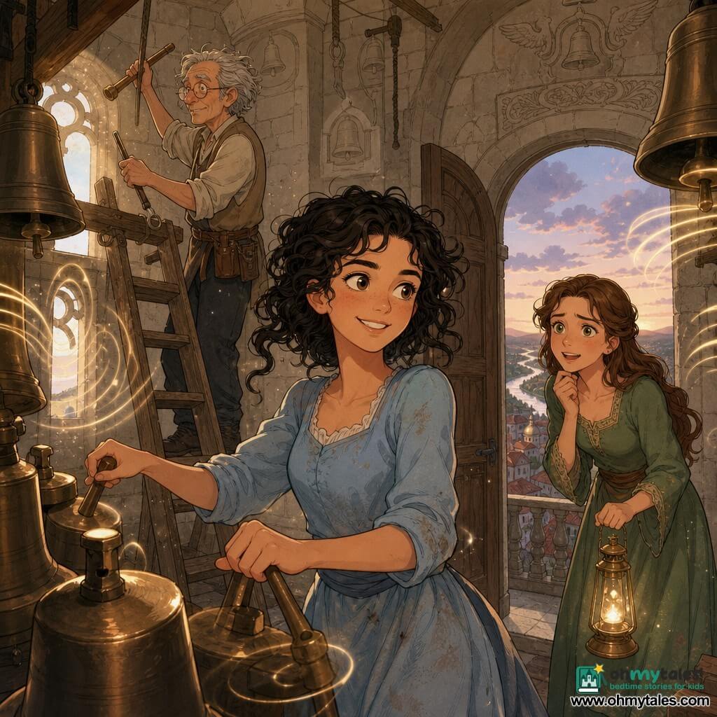The princess (about 16) stands center, expressive and smiling, stormy tea-colored eyes, messy black curls, wearing a simple pale blue dust-streaked dress, hands on the large chimes with a confident, awed posture; Mira (about 20) stands just behind, holding a small golden lantern, worried yet delighted, straight chestnut hair, green dress, leaning in as if listening; Master Orin (about 60) is on a small wooden ladder to the left, thin with messy gray hair and round glasses, holding copper tools and focused on the bell supports above; the scene is inside an old bell tower with pale stone walls carved with bell and wing motifs, rows of polished bronze bells, ropes and wooden mechanisms, golden shafts of light through dusty windows revealing floating particles; in the background a small open door leads to a narrow balcony overlooking red-tiled roofs and a silver ribbon of river under a soft twilight sky; the princess has just played a simple melody on the carillon, the bells vibrate and send visible luminous sound waves, and the mood is warm, magical, and full of collective hope.