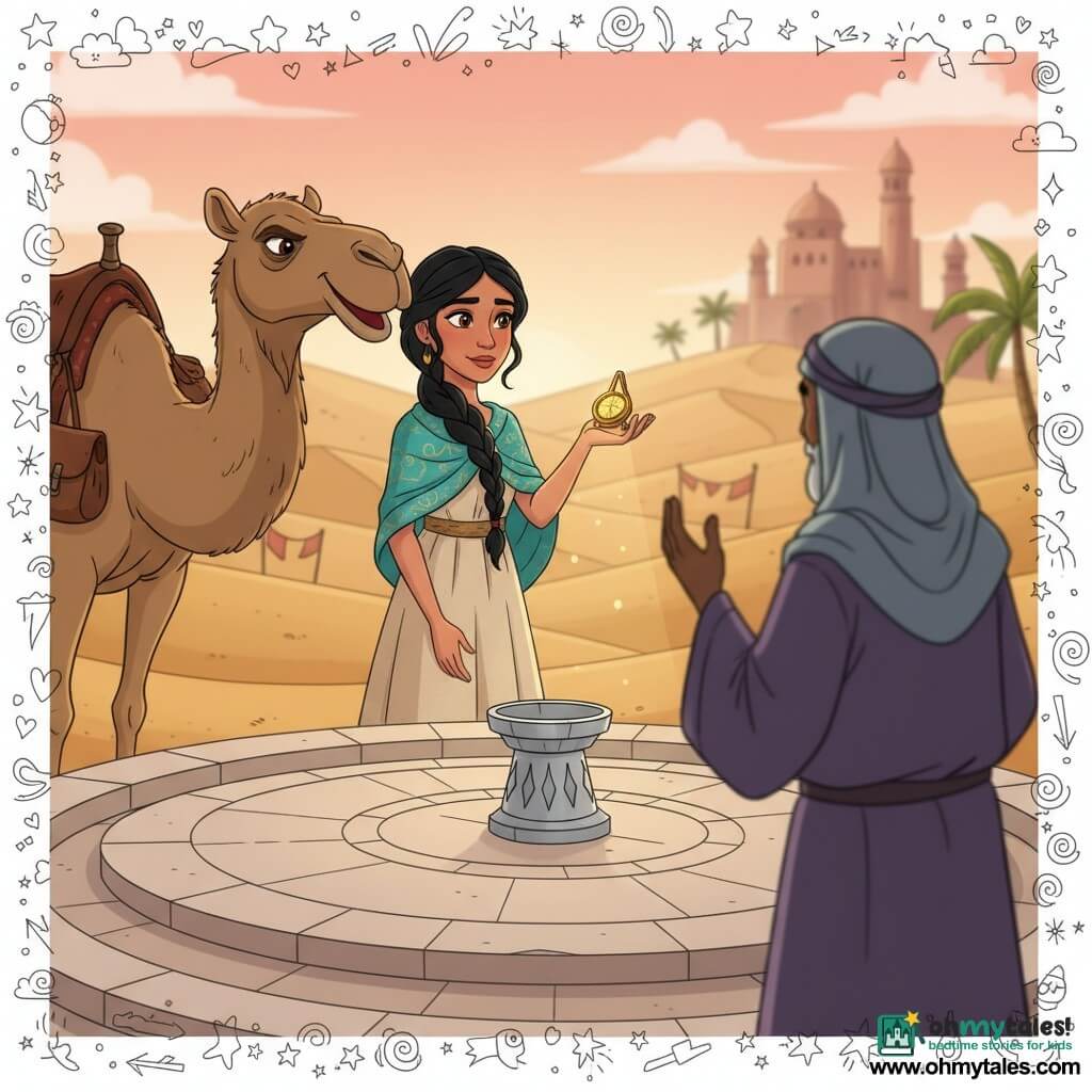 The protagonist is a young woman with a determined gentle face, bright hazel eyes and long black braided hair, wearing a beige linen dress and turquoise shawl with gold motifs; she delicately holds a small amber sundial in her palm, looking calm and awed, while a gruff but kind camel named Mazu stands to the left with a large head and worn leather saddlebags, and an enigmatic old man, Safi (about 60), appears in the right background in a purple robe and gray-blue veil, observing with a raised hand as if blessing; the merchant Qasim is absent but the blurred towers of a wealthy Arabic-style house are visible in the distance; the scene is a desert sanctuary among dunes with pale stone steps, a circular courtyard and an empty silver pedestal atop the sanctuary where the amber sundial is about to be placed, warm light passing through the amber and casting shadow patterns on her hands, creating a peaceful, homecoming atmosphere.