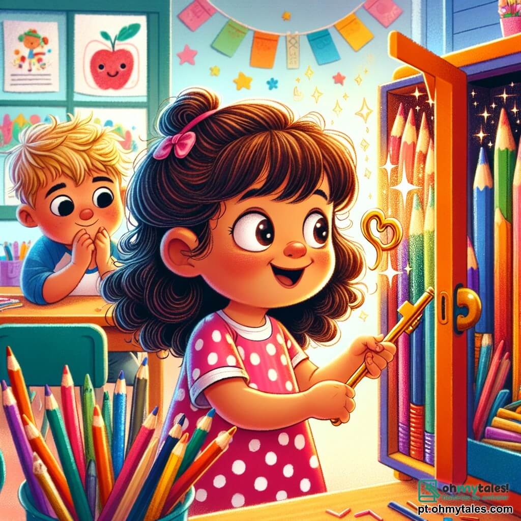 Uma menina de 4 anos, Mia, com grandes olhos curiosos e cabelos castanhos cacheados, está diante de um armário colorido, com um sorriso maravilhado no rosto. Ela veste um vestido rosa com bolinhas e segura uma chave brilhante na mão. Ao lado dela, seu amigo Leo, um garoto de 3 anos com cabelos loiros bagunçados e uma camiseta azul, observa com excitação, os olhos arregalados, pronto para descobrir o que está dentro do armário. A cena acontece em uma sala de aula iluminada, cheia de desenhos coloridos nas paredes e materiais de arte espalhados pelas mesas. Mia e Leo estão abrindo um armário misterioso com a chave que Mia encontrou, revelando uma variedade de lápis de cor brilhantes dentro, prontos para suas próximas aventuras artísticas.