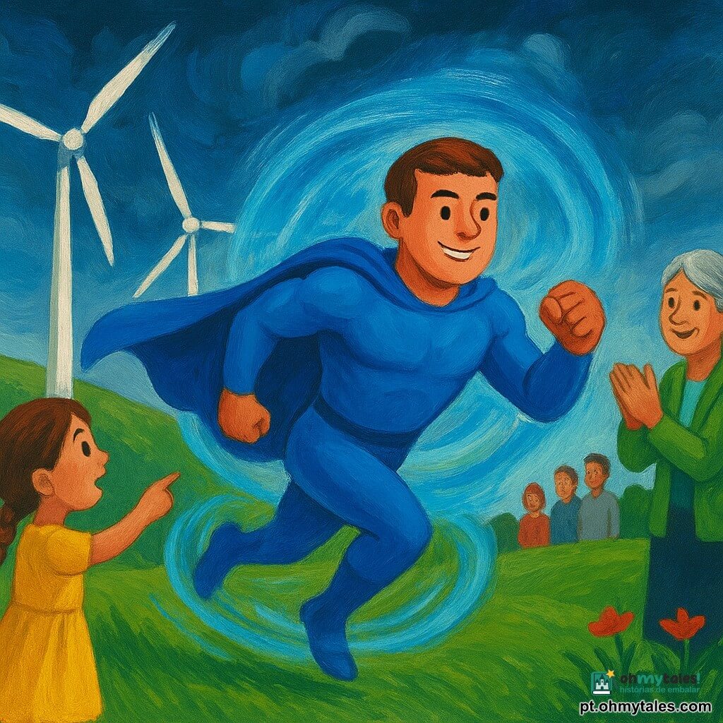 Um homem, Zélio, heróico e sorridente mas concentrado, rosto redondo, cabelo castanho curto, traje azul brilhante com capa leve, correndo e formando um turbilhão de ar azul protetor; uma menina de ~8 anos, cabelos longos trançados, vestido amarelo, aponta maravilhada perto de um banco à esquerda das turbinas; uma idosa de ~65 anos, cabelo grisalho em coque, jaqueta verde, aplaude sorrindo perto de um pequeno grupo à direita; local: parque eólico com grandes turbinas brancas, relva verde ondulante e algumas flores vermelhas em primeiro plano, céu parcialmente escuro com nuvens giratórias iluminadas por um suave brilho azul; situação: Zélio cria uma barreira protetora enquanto as pás continuam a girar calmamente, atmosfera heróica e reconfortante, cores vivas e contraste, luz suave nos rostos.