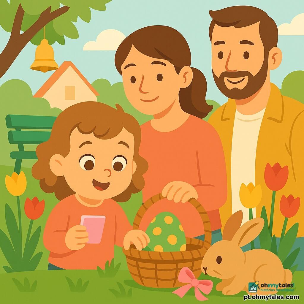 Menina de 4 anos, expressão de encanto, olhos grandes e sorriso suave, cabelos cacheados castanho‑claro com uma mexa rebelde, segura uma ficha rosa brilhante na mão direita e toca delicadamente um ovo pintado verde com bolinhas amarelas numa pequena cesta de vime; a mãe (30–35 anos), expressão terna, cabelo castanho preso em rabo de cavalo, está à esquerda com a mão no ombro da filha; o pai (30–35 anos), sorriso cúmplice, barba curta, fica um pouco atrás à direita vestindo jaqueta mostarda; um coelhinho marrom‑claro, pelo macio e focinho farejante, cheira uma fita rosa no gramado; local: jardim de vila na primavera com relva verde, tulipas vermelhas e amarelas, um banco verde e uma árvore com um sino dourado pendurado; luz suave da manhã; cena: a menina descobre uma cesta de ovos de Páscoa no chão, cercada de flores, com o coelho e o sino tilintando — atmosfera alegre, cores em tons pastéis, composição centrada na menina e na cesta.