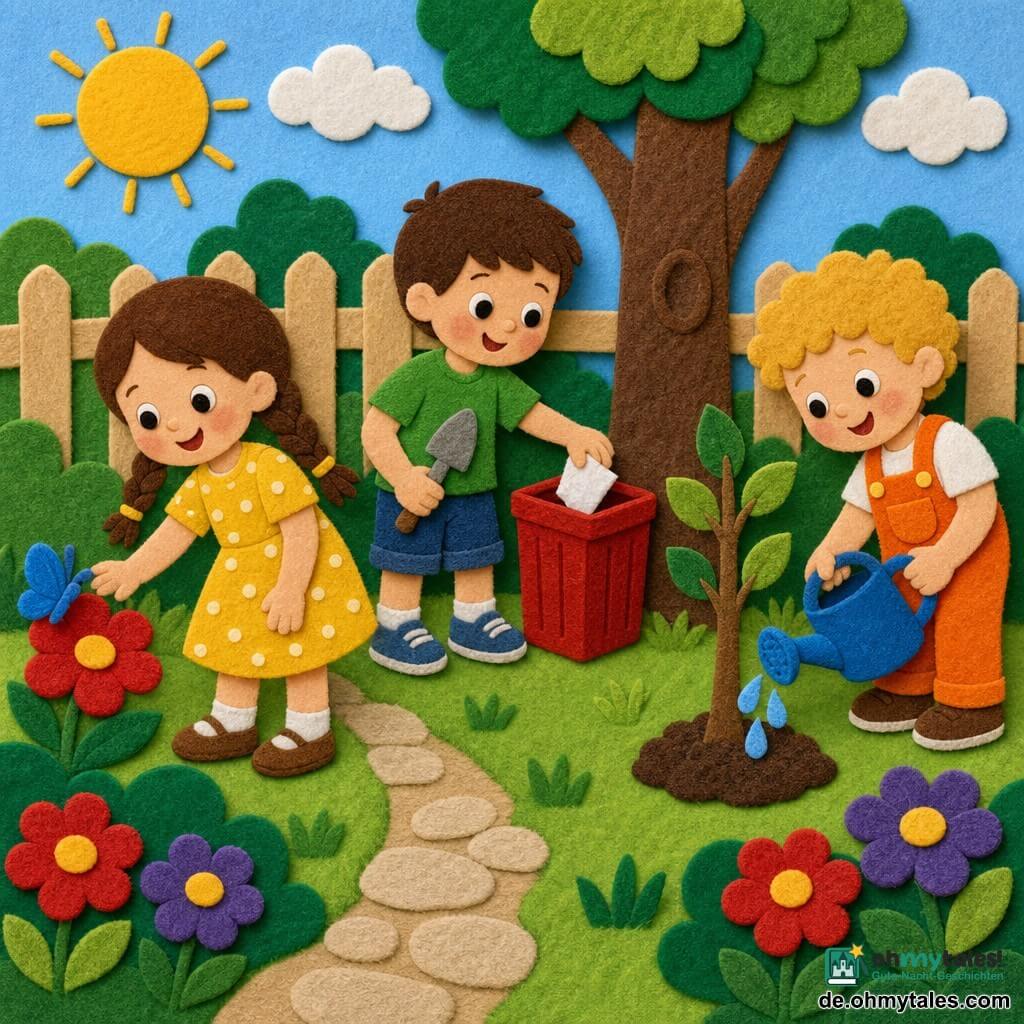 Drei Kinder in einem sonnigen Garten aus bunter Filzarbeit: Lina, ca. 6 Jahre, braune Zöpfe, gelbes gepunktetes Kleid, links, lächelt und streckt die Hand zu einem kleinen blauen Schmetterling; Max, ca. 6 Jahre, kurzes braunes Haar, grünes T‑Shirt und Jeansshorts, Mitte, hebt ein weißes Papierstück mit einer kleinen Schaufel und wirft es in eine rote Mülltonne neben einem jungen Baum; Tim, ca. 5 Jahre, lockiges blondes Haar, orange Latzhose, rechts, gießt mit einer blauen Gießkanne den jungen Baum; grüner Rasen, rote und violette Blütenbüschel, brauner Baumstamm mit Struktur, helle Holzzaun im Hintergrund, gepflasterter Weg, kräftige Farben, weiche Kanten, sichtbare Texturen, einfache Formen, warme, ruhige und fröhliche Komposition im Filzbild mit dicken Konturen und überlappenden Elementen.