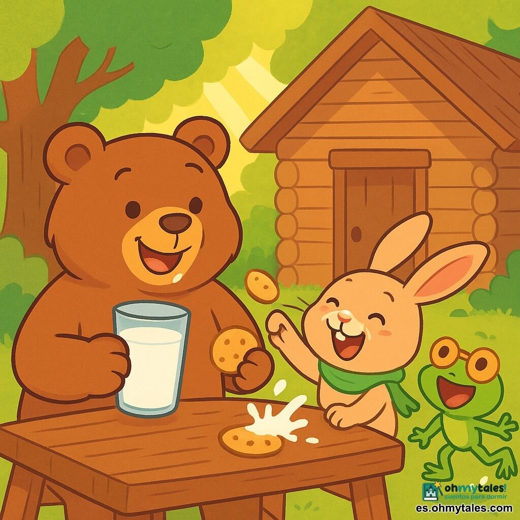 Un oso pardo, grande y peludo, con una sonrisa alegre y ojos brillantes, está sentado en una mesa de madera rústica, sosteniendo un gran vaso de leche en una pata y una galleta en la otra. A su lado, una pequeña conejita de grandes orejas, con una bufanda verde y una expresión traviesa, se ríe al intentar pescar una galleta caída en el vaso del oso. Un poco más lejos, una rana verde, con gafas de galleta en la nariz, salta alegremente salpicando un poco de leche a su alrededor. La escena tiene lugar en una encantadora cabaña de madera, rodeada de grandes árboles, con rayos de sol filtrándose a través de las hojas, creando un ambiente cálido y alegre. El oso y sus amigos se divierten haciendo "bigotes" de leche, con crema en la nariz y risas que llenan el aire.