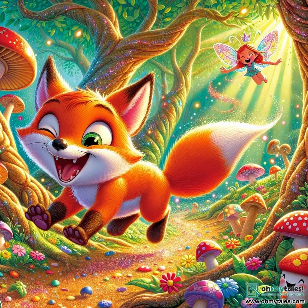 A little clever fox named Felix, with bright orange fur and a bushy tail, is running with a mischievous grin on his face and sparkling eyes. He is chasing a laughing marshmallow that joyfully bounces on a ground dotted with colorful flowers and funny mushrooms. Next to him, a tiny fairy named Tilly, the size of a mushroom, with sparkling wings and a dress made of flower petals, flies in the air, arms raised in excitement, encouraging Felix in his pursuit. The setting is an enchanted forest, with twisted tree trunks, shiny leaves, and rays of sunlight filtering through the foliage, creating a magical and joyful atmosphere. The scene shows Felix in full sprint, laughing out loud, while the lively marshmallow escapes ahead, leaving behind a trail of bright colors and small sparkles.