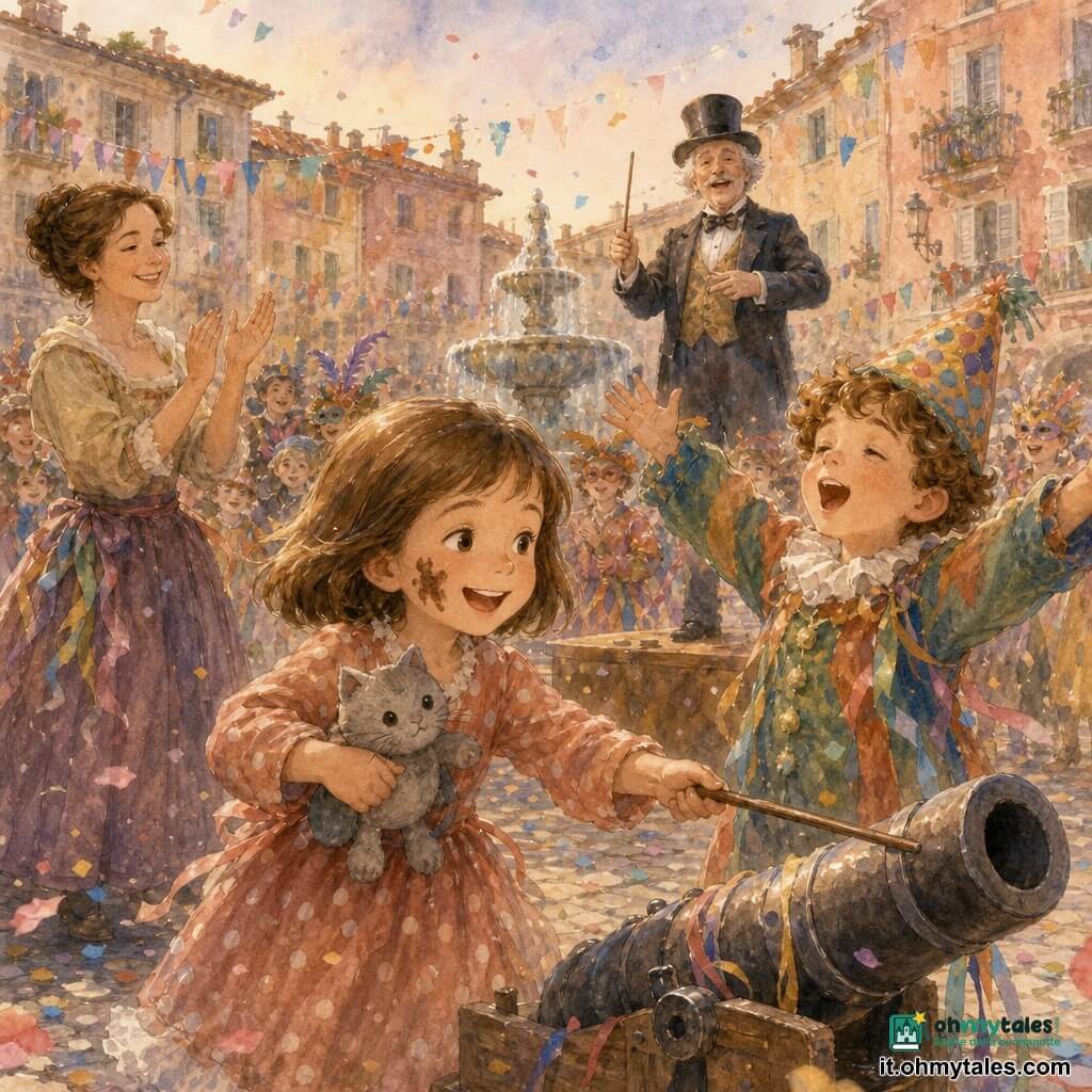 Una bambina di 8 anni, capelli castani a caschetto, viso rotondo con macchie di cioccolato sulla guancia, gioiosa e concentrata, indica con un piccolo bastoncino di legno come direttrice d'orchestra; nella mano sinistra tiene una mini bambola-gatto di peluche chiamata Baffo, grigia, stretta contro il suo vestito a pois. Accanto a lei, a destra, un ragazzino di circa 7 anni, capelli ricci e cappello a punta colorato, canta con le braccia alzate. Più indietro a sinistra una donna di circa 30 anni, insegnante con i capelli raccolti in uno chignon, applaude segnando il ritmo; dietro i bambini un uomo di circa 50 anni, direttore d'orchestra con cilindro, sorride tenendo la bacchetta su un piccolo podio. La piazza del villaggio è lastricata, circondata da case dai colori pastello con festoni di carta, coriandoli e petali di carta a terra e una fontana al centro; la scena principale mostra il carnevale nella piazza con la bambina che dirige un gruppo di paesani e bambini mascherati, nastri colorati, maschere luccicanti e costumi di piume e paillettes, illuminati da una luce crepuscolare dolce.