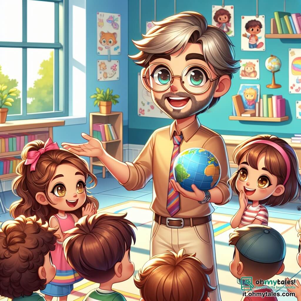 Il personaggio principale, il Maestro Luca, è un uomo di circa quarant'anni, con capelli castani leggermente brizzolati e occhiali rotondi. Indossa una camicia colorata e pantaloni beige, mostrando un grande sorriso caloroso mentre spiega con entusiasmo il progetto speciale ai suoi alunni. Chiara, una bambina di 8 anni con capelli ricci e occhi scintillanti, è seduta sulla sua sedia, alzando la mano con eccitazione per condividere il suo oggetto, un libro di fiabe. Marco, un ragazzo di 9 anni con capelli corti e un berretto, è in piedi accanto a lei, tenendo un mappamondo, pronto a mostrare le sue scoperte sui paesi. La scena si svolge in un'aula luminosa, con pareti decorate da disegni di bambini e scaffali pieni di libri colorati. Finestre lasciano entrare la luce del sole, illuminando i volti gioiosi dei bambini. La situazione principale mostra il Maestro Luca circondato dai suoi alunni, tutti impazienti di condividere i loro oggetti speciali per il museo dell'educazione, esprimendo ciascuno la propria passione e entusiasmo in un'atmosfera gioiosa e collaborativa.