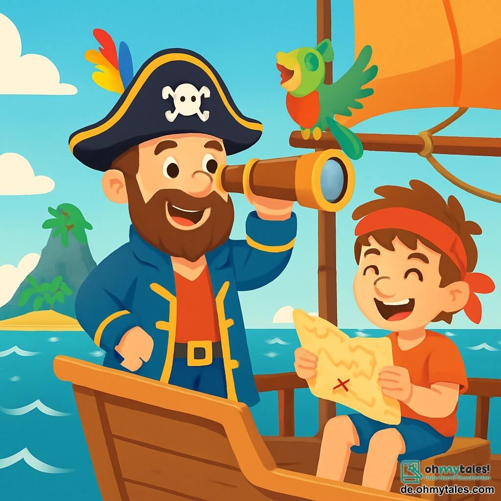 Käpt'n Finn, ein Mann mit einem lächelnden Gesicht und funkelnden Augen, trägt einen schwarzen Piratenhut mit einer bunten Feder. Er steht stolz auf dem Deck seines Schiffes, hält ein großes Holzfernglas und schaut aufgeregt in den Horizont. Neben ihm sitzt Lilo, ein kleiner Papagei mit leuchtend grünen und roten Federn, der fröhlich auf dem Mast sitzt und schreit. Max, ein etwa 10-jähriger Junge mit zerzausten Haaren und einem roten Bandana, sitzt auf einer Kiste, lacht und hält eine Schatzkarte, seine Augen glänzen vor Abenteuerlust. Der Ort ist ein weites Meer mit glitzernden Wellen unter einem blauen Himmel, der mit weißen Wolken durchzogen ist. Am Horizont zeichnet sich eine geheimnisvolle Insel ab, umgeben von grünen Palmen und steilen Felsen. Die Hauptsituation zeigt Käpt'n Finn und seine Freunde, die bereit sind, einem herannahenden Sturm zu trotzen, entschlossen, den verborgenen Schatz der Insel zu entdecken.