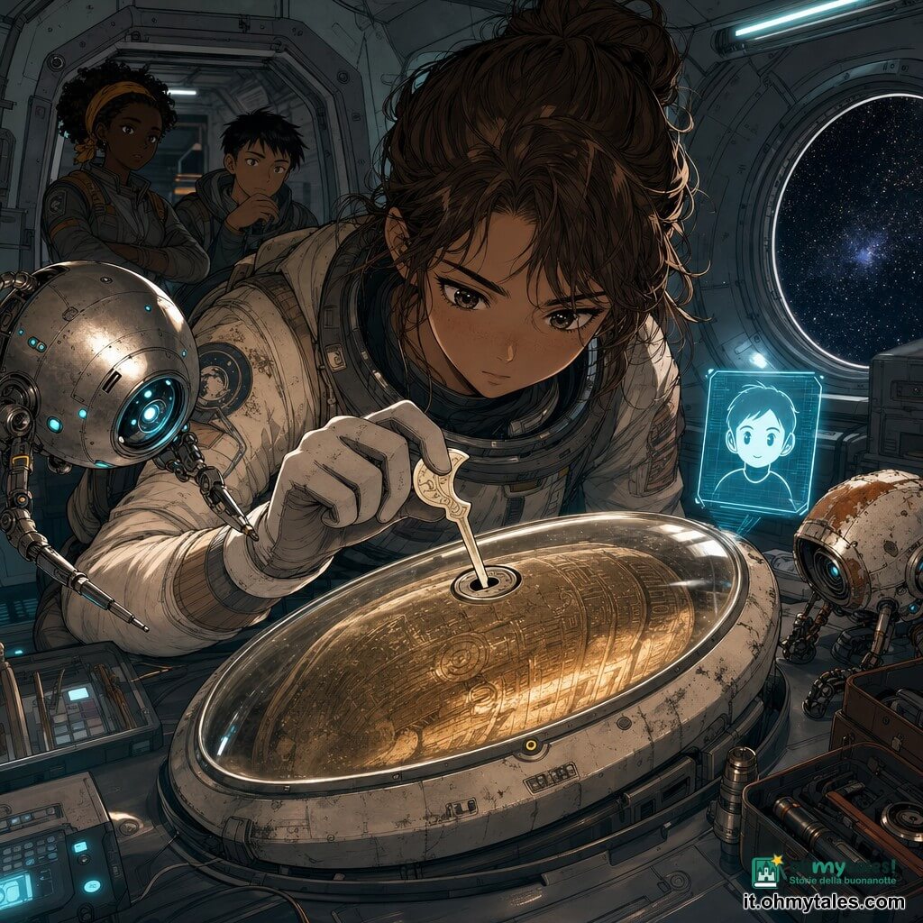 Protagonista: un’archeologa spaziale, Nerea, volto sottile, capelli castani raccolti in uno chignon spettinato, sguardo concentrato e sereno; indossa una tuta spaziale chiara con toppe consumate e tiene delicatamente tra due guanti una piccola chiave in ceramica a mezzaluna, chinata su una capsula ovale dietro un vetro. Personaggi secondari: a sinistra un drone sferico argentato con bracci articolati e piccole luci blu ispeziona la capsula; a destra un drone più piccolo, con segni di riparazione, è appoggiato vicino a un pannello di attrezzi. Presenza non umana: l’assistente di bordo “Lio” appare su un piccolo schermo olografico blu vicino al quadro, icona stilizzata e testo di stato, voce invisibile ma rassicurante. Luogo: interno isolato di una piccola navetta spaziale, pareti metalliche, rivetti, luci verde-blu soffuse, tavolo da lavoro con strumenti ordinati, finestra circolare che mostra lo spazio stellato. Situazione: Nerea inserisce lentamente la chiave nell’alloggiamento della capsula di vetro in un momento di tensione calma e attenzione meticolosa, atmosfera di silenzio rispettoso tra luce metallica fredda e tenue bagliore caldo della capsula.