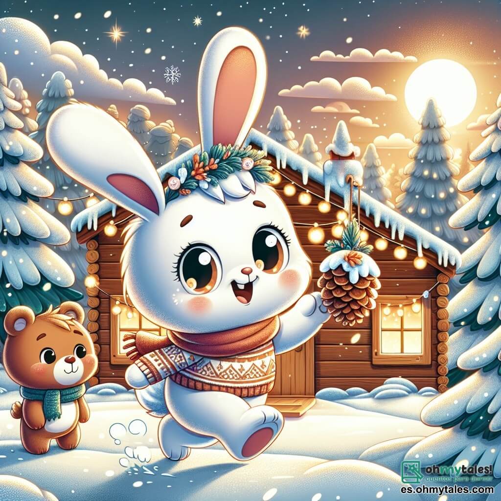 Un pequeño conejo blanco llamado Benito, con grandes orejas y ojos brillantes de alegría, está decorando una hermosa piña con pequeñas ramas y copos de nieve. Tiene una gran sonrisa en su rostro, mostrando su entusiasmo por la Navidad. A su lado, un oso marrón llamado Bruno, con un pelaje suave y ojos redondos llenos de curiosidad, observa a Benito con una sonrisa cálida. Se encuentra cerca de la puerta de su casa de madera, rodeado de guirnaldas luminosas. El decorado es un encantador paisaje invernal, con árboles cubiertos de nieve brillante, copos cayendo suavemente del cielo y una luz dorada del sol poniente que ilumina la escena. La situación principal muestra a Benito corriendo alegremente tras la piña que se ha volado debido a un fuerte viento, creando un momento de aventura y camaradería en el espíritu navideño.