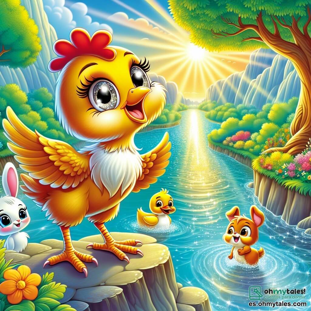 Una gallina llamada Clara, con plumas doradas y ojos brillantes de curiosidad, se encuentra al borde de un hermoso río reluciente, mientras el viento hace danzar sus plumas. Muestra una gran sonrisa, llena de emoción, lista para vivir una nueva aventura. A su lado, un pequeño pato llamado Pablo, con plumaje amarillo brillante y aspecto preocupado, mira el río con ojos redondos, mientras un adorable conejo llamado Ramón, con grandes orejas y pelaje blanco, salta alegremente a su alrededor, lleno de energía. Al fondo, se despliega un paisaje encantador: árboles majestuosos con hojas verdes brillantes, flores coloridas y rayos de sol filtrándose a través de las ramas. La situación principal muestra a Clara y sus amigos preparándose para cruzar el río mágico, un momento lleno de anticipación y camaradería.