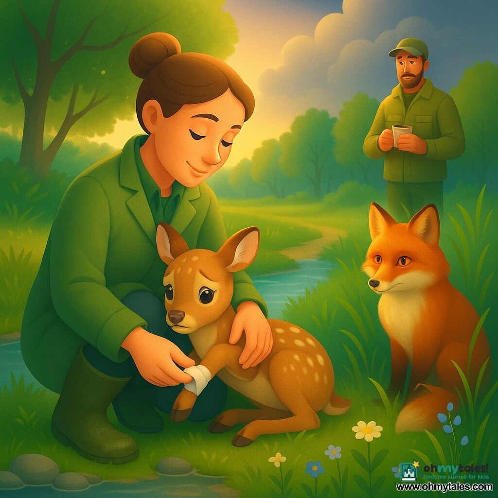 A gentle, focused woman veterinarian kneels in an olive coat and muddy rubber boots, hair in a bun, smiling faintly as she wraps a small bandage around a trembling young spotted fawn resting on her lap; a glossy red vixen watches from a few paces away in tall grass while a forest ranger in his 30s with light beard, khaki jacket and a cup of tea stands at the edge of the copse ready to help; the scene is beside a shimmering stream with grassy banks, wildflowers, smooth stones and green trees under a distant storm cloud casting soft, golden light—tender, slightly dramatic atmosphere, crisp textures, saturated colors and soft shadows.