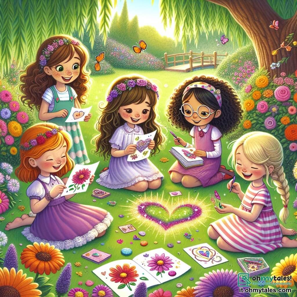 In un giardino soleggiato, quattro ragazze si trovano in cerchio, circondate da fiori colorati. Stella, una ragazza di 10 anni con capelli ricci e un grande sorriso, è seduta sull'erba, tenendo in mano una carta magica brillante. Luna, una ragazza di 9 anni con capelli lisci e castani, è accanto a lei, concentrata a scrivere un messaggio dolce su un foglio colorato. Viola, una ragazza di 10 anni con capelli viola e occhiali, è in piedi, aggiungendo glitter scintillanti alla sua carta, con gli occhi pieni di eccitazione. Rosa, una ragazza di 9 anni con capelli biondi e trecce, è dall'altra parte del cerchio, disegnando un grande cuore rosso sulla sua carta, con un sorriso radioso. Il giardino è un vero paradiso, pieno di fiori dai colori vivaci e farfalle che danzano nell'aria. Le ragazze creano carte magiche per la festa della mamma, mentre un dolce vento fa volare le foglie intorno a loro, aggiungendo un tocco di magia al loro momento.