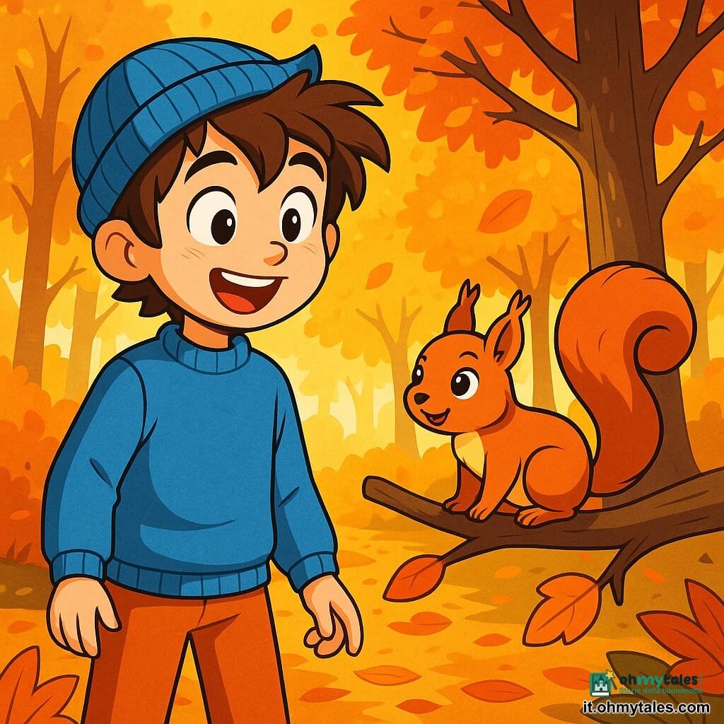 Un ragazzo di 10 anni, Matteo, con i capelli castani in disordine e gli occhi brillanti di curiosità, si trova nel mezzo di un magnifico bosco autunnale. Indossa un maglione blu vivace e un cappello di lana, il suo viso splende di eccitazione e gioia. Accanto a lui, un piccolo scoiattolo dal pelo rosso, con una coda folta, si arrampica su un ramo basso, guardando Matteo con occhi curiosi. Sullo sfondo, un grande albero con foglie dorate e rosse si erge maestoso, mentre il terreno è coperto da un tappeto di foglie croccanti. La luce del sole filtra tra i rami, creando riflessi dorati sul suolo. La scena trasmette un'atmosfera calda e magica, illustrando il momento in cui Matteo scopre lo scoiattolo smarrito e si prepara ad aiutarlo.