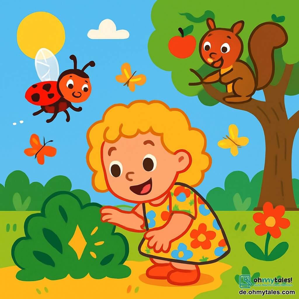 Mimi, ein kleines Mädchen mit lockigem, goldenem Haar, trägt ein blumenbedrucktes Kleid und hat ein großes, staunendes Lächeln auf ihrem Gesicht. Sie hockt im Garten, ihre Augen funkeln vor Neugier, während sie einen glänzenden Gegenstand entdeckt, der hinter einem Busch versteckt ist. Ein roter Marienkäfer mit schwarzen Punkten, fröhlich und lebhaft, fliegt um sie herum, seine kleinen, durchsichtigen Flügel glitzern in der Sonne. Er scheint sie mit einem schelmischen Blick einzuladen, ihm zu folgen. Ein braunes Eichhörnchen mit schelmischen Augen sitzt auf einem Ast eines großen Apfelbaums und wedelt begeistert mit seinem Schwanz, als wollte es Mimi ermutigen, weiter zu erkunden. Der Garten ist voller bunter Blumen, flatternder Schmetterlinge und eines strahlend blauen Himmels. Im Hintergrund steht ein majestätischer alter Apfelbaum, dessen Äste voller roter Äpfel hängen. Mimi, voller Elan, ist bereit, dem Marienkäfer in ein magisches Abenteuer zu folgen und die verborgenen Wunder ihres Gartens zu entdecken.