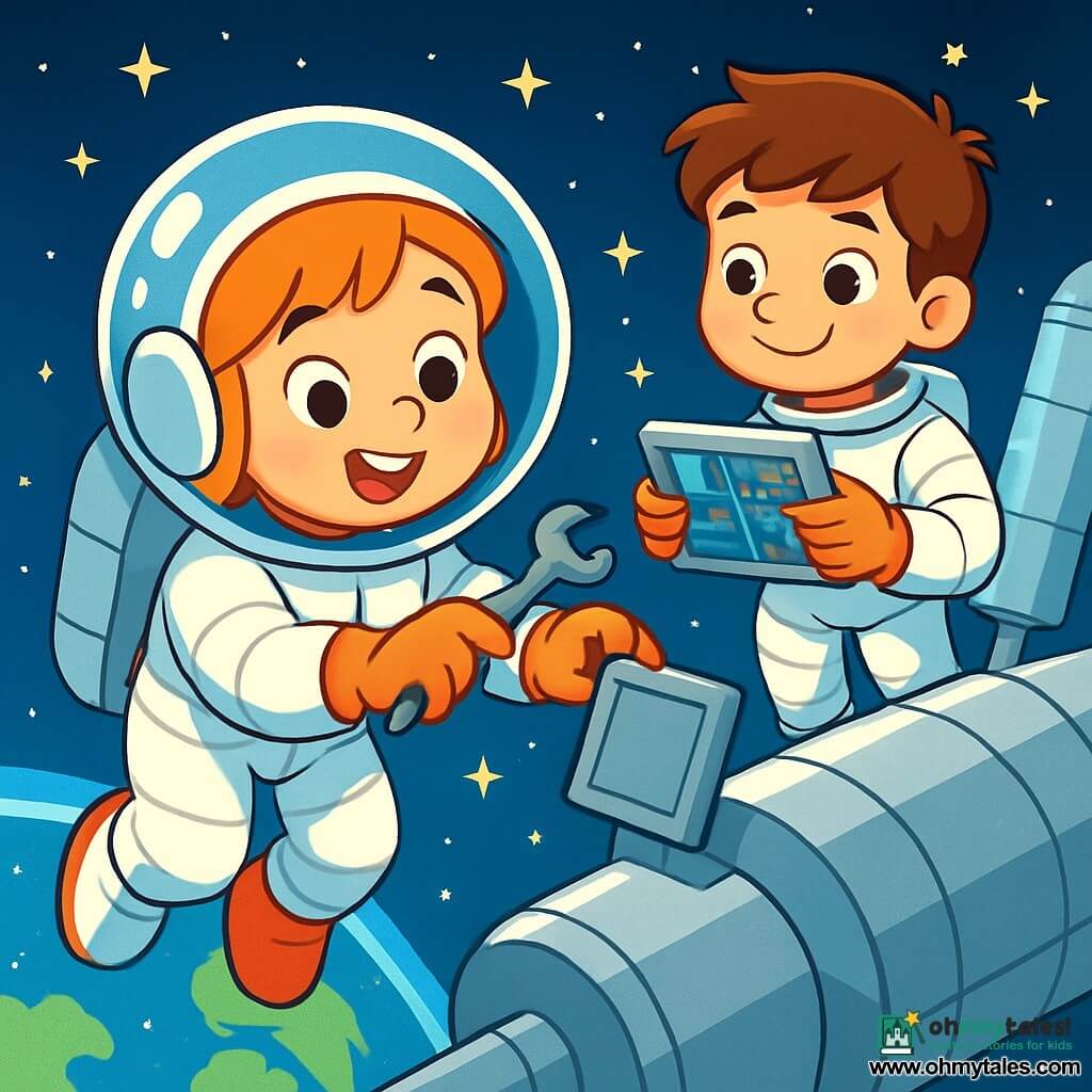 A young astronaut named Mina floats joyfully in space, her face glowing with excitement and curiosity. She wears a shiny white puffy spacesuit with a large transparent helmet showing her sparkling eyes. Mina is carefully manipulating a small wrench. Nearby, her teammate, a boy of about 10 with messy brown hair, also in a spacesuit, watches Mina with an encouraging smile while holding a floating control panel. The scene takes place outside a massive silver space station shining under the stars, with Earth appearing as a beautiful blue and green sphere surrounded by white clouds in the background. Mina adjusts a small panel on the station with slow, precise movements as the stars twinkle around them, creating a magical and peaceful atmosphere.