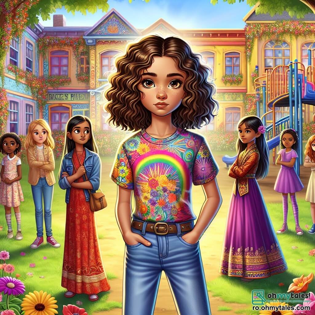 În prim-plan, o fată de 12 ani, Ana, cu părul creț și brunet și ochi strălucitori, exprimă o emoție de determinare și curaj. Ea poartă un tricou colorat și o pereche de blugi, stând în picioare cu mâinile pe șolduri, în fața unui grup de copii care se iau de o altă elevă. Lângă ea, Sofia, o fată de 12 ani cu părul lung și neted, de origine asiatică, o privește pe Ana cu recunoștință, ochii ei strălucind de apreciere. Ea poartă o rochie tradițională din cultura ei, împodobită cu motive florale, și stă puțin mai în spate, simțindu-se susținută de Ana. Fundalul se desfășoară într-o curte de școală animată, înconjurată de ziduri colorate și locuri de joacă pentru copii. Copacii cu frunze verzi și florile multicolore adaugă o notă de viață mediului. Situația principală o arată pe Ana intervenind cu curaj pentru a o apăra pe Sofia, care este victima batjocurii. Ana, cu o postură încrezătoare, se opune copiilor care se iau de ea, promovând respectul și acceptarea diferențelor.