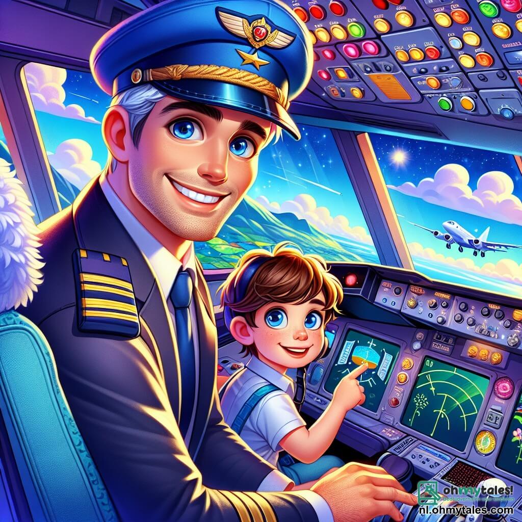 Een mannelijke piloot van ongeveer dertig jaar, glimlachend en zelfverzekerd, draagt een grote blauwe pet en een pilotenjack versierd met glanzende medailles. Hij zit in de cockpit van een vliegtuig, met zijn handen op het stuur en zijn ogen sprankelend van opwinding. Naast hem kijkt een vijfjarig jongetje met rommelig bruin haar en ronde bril verwonderd door het grote raam, terwijl hij met zijn vinger naar de donzige wolken beneden wijst. De cockpit is gevuld met kleurrijke knoppen, heldere schermen en hendels, met een spectaculair uitzicht op een blauwe lucht vol witte wolken en de stralende zon. De hoofdscene toont de piloot en het jongetje die over prachtige landschappen vliegen, met groene bergen en glinsterende rivieren beneden, terwijl ze zich voorbereiden om een grote manoeuvre te maken om een donkere wolk te omzeilen.