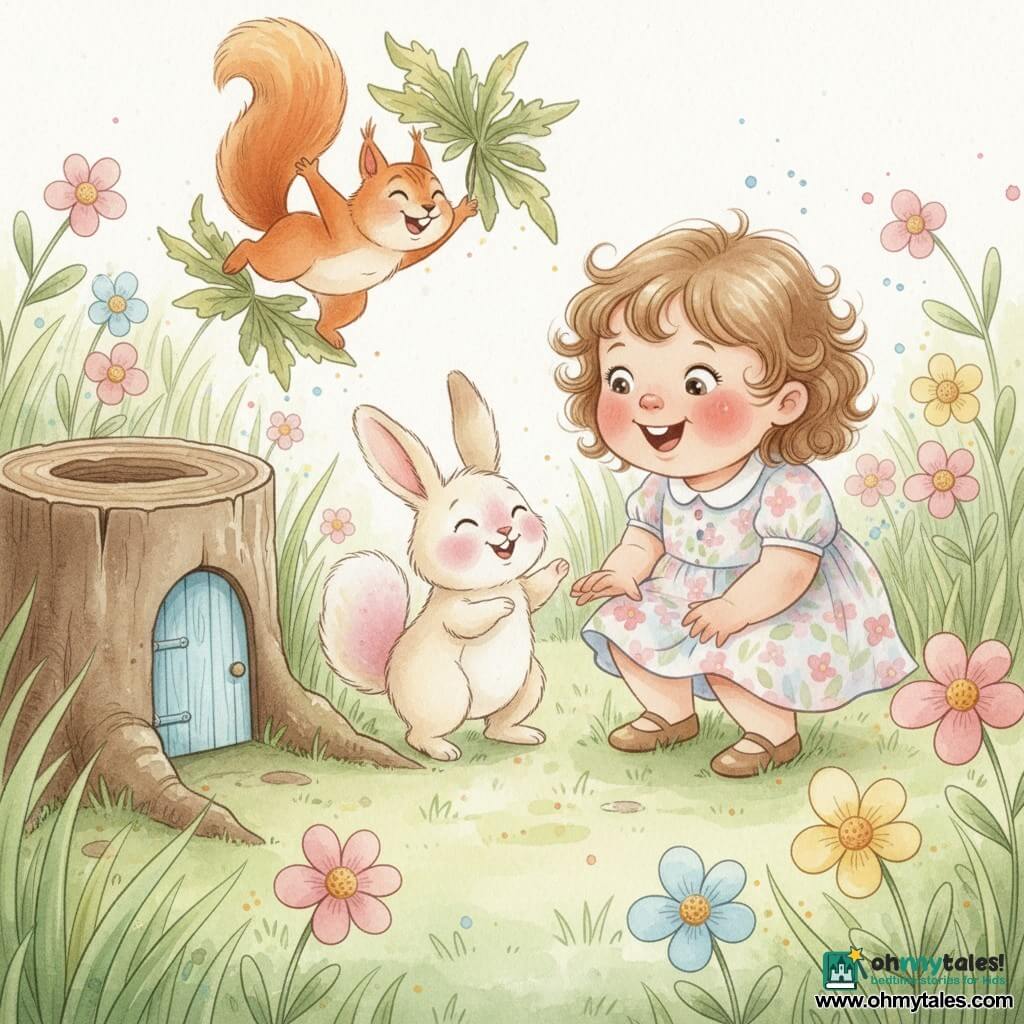 A joyful 2-year-old girl with light brown curly hair and rosy cheeks in a pastel floral dress crouches smiling before a tiny sky-blue wooden door set in a mossy oak stump in a colorful garden; Benny, a fluffy cream rabbit with pale pink speckles, hops up on his hind legs invitingly, while Sammy, a mischievous bright red squirrel with sparkling eyes, performs a comic pirouette on a pile of leaves behind him — the scene suggests she’s discovering the door to Giggle Land, with soft colors, round features and watercolor textures with light splashes to convey magic and laughter.