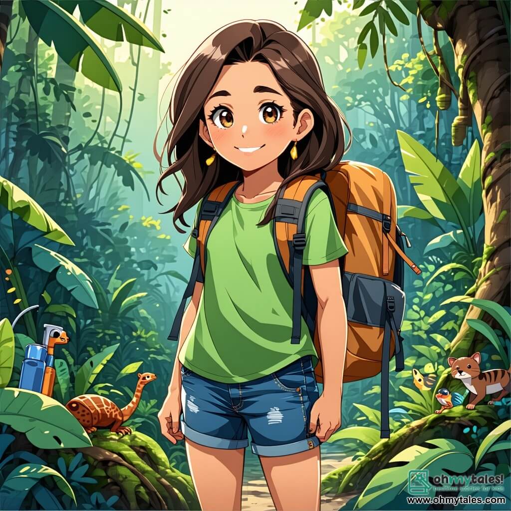 In the foreground, Ella, a 10-year-old girl, stands with a determined and amazed expression. She has messy long brown hair, a bright green t-shirt, and denim shorts, with a small backpack filled with exploration tools. Her eyes sparkle with excitement as she scans the horizon, ready to uncover the jungle's mysteries. Next to her, Max, a scruffy terrier, joyfully barks, his ears perked up and tail wagging enthusiastically. He is sniffing the ground, curious about every scent around him. In the background, a boy named Sam, also about 10 years old, stands slightly back. He has messy black hair and wears a blue t-shirt and beige shorts. He smiles at Ella while holding an old map, ready to assist her on their adventure. The setting is a lush jungle with gigantic trees, bright green leaves, hanging vines, and colorful flowers emerging from the ground. Sunlight beams through the foliage, illuminating the path ahead. The main scene shows Ella and Sam surrounded by the wild beauty of the jungle, eager to venture together towards the Emerald Peaks, with a palpable sense of excitement and curiosity in the air.