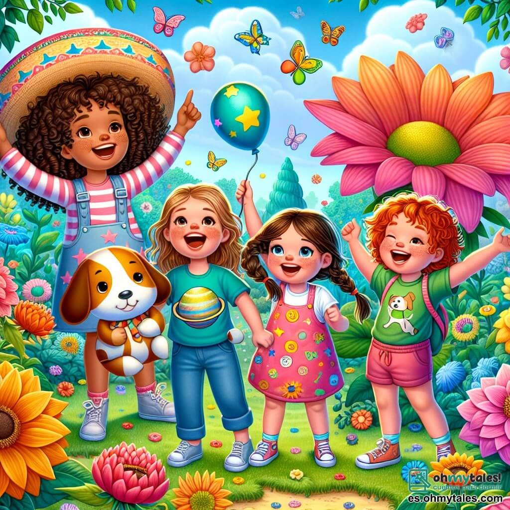 En un jardín secreto lleno de flores gigantes de colores brillantes, cuatro amigas están juntas, riendo a carcajadas. Lucía, con cabello castaño y rizado, lleva un vestido rosa con estrellas y sostiene un pequeño sombrero. A su lado, Sofía, con cabello rubio y liso, viste una camiseta azul con dibujos de planetas y señala una flor gigante. Valentina, con cabello castaño y trenzado, lleva una camiseta verde con motivos de perros y sonríe sosteniendo un globo. Finalmente, Clara, con cabello pelirrojo y rizado, viste un overol amarillo, levantando los brazos con una gran sonrisa y sosteniendo un sombrero decorado. El jardín es un lugar mágico con flores tan altas como árboles, colores vivos que iluminan el entorno y un cielo azul salpicado de nubes. En el centro, un gran árbol majestuoso se alza, y mariposas de colores vuelan alrededor de las amigas. La escena principal muestra a las cuatro amigas celebrando su victoria tras recuperar un globo atascado en una flor gigante, rodeadas de risas y alegría, listas para vivir más aventuras juntas.