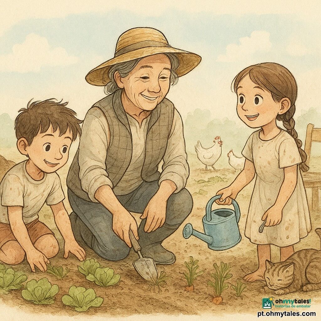 Uma agricultora madura, sorridente e serena, rosto suavemente vincado pelo sol, chapéu de palha, colete e botas de borracha, ajoelhada com uma pequena pá, ensinando duas crianças a arrancar uma erva daninha; Tomás, 7 anos, cabelo castanho desgrenhado e joelhos sujos, à esquerda junto a uma fileira de alfaces, puxa a planta com a raiz inteira, orgulhoso; Inês, 8 anos, cabelo em trança e vestido simples manchado de terra, à direita na margem do sulco, segura um regador leve, maravilhada; um gato malhado enrolado ao pé de um banco ao fundo, ronronando, e algumas galinhas brancas ciscando perto de um monte de ervas arrancadas; horta com fileiras direitas de alfaces verdes e cenouras jovens, terra escura e fresca, um monte de composto à esquerda, cadeira de madeira e balde de água à direita, céu azul pálido com nuvens leves; momento calmo e pedagógico — os três trabalham juntos a arrancar ervas, terra a voar um pouco, gotas de água a brilhar nas folhas, atmosfera acolhedora e laboriosa centrada no gesto partilhado e nos olhares de aprendizagem.