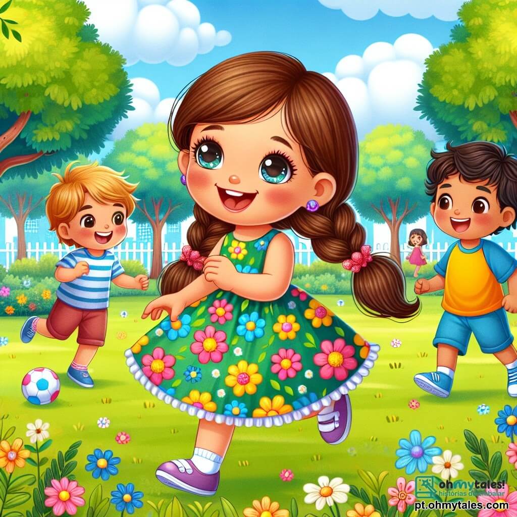 Uma menina de 4 anos, Lili, com longos cabelos castanhos e olhos brilhantes, sorri alegremente enquanto brinca no parque. Ela usa um vestido colorido com padrões de flores e segura uma pequena bola nas mãos. Ao lado dela, sua nova amiga Mia, uma menina de 4 anos com cabelos loiros trançados e um vestido amarelo vivo, ri enquanto corre em direção a Lili. Um pouco mais longe, Tomás, um menino de 5 anos com cabelos castanhos e uma camiseta azul, se aproxima segurando outra bola, pronto para se juntar ao jogo. O parque está cheio de verde, com grandes árvores e flores coloridas que dançam ao vento. Crianças brincam ao redor, e um céu azul claro se estende acima deles, salpicado de algumas nuvens brancas. A cena principal mostra Lili, Mia e Tomás brincando juntos, rindo e correndo no parque, ilustrando a alegria da amizade.