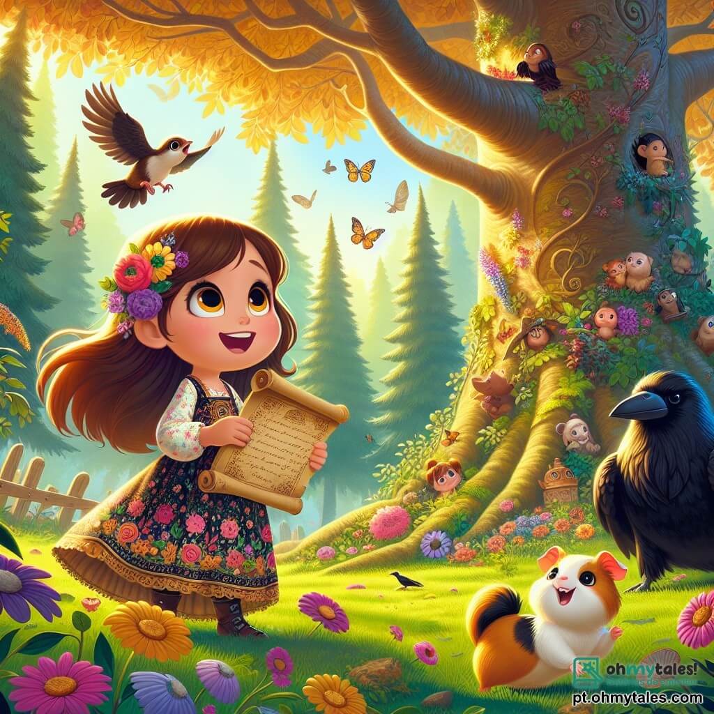Uma menina de 4 anos, Clara, com longos cabelos castanhos e olhos brilhantes de curiosidade, está em pé ao pé de uma imensa árvore com folhas douradas, um sorriso encantado no rosto. Ela usa um vestido colorido com flores e segura um velho pergaminho nas mãos, olhando com empolgação para o alto da árvore. Ao seu lado, um travesso papavero chamado Léo, um porquinho-da-índia de pelos macios e olhos travessos, salta alegremente na grama verde, com as orelhas em pé, pronto para explorar. Um pouco mais adiante, uma corvo sábia, Sofia, empoleirada em um galho, os observa com benevolência, suas penas pretas brilhantes contrastando com o céu azul claro. A cena acontece em uma floresta encantada, onde raios de sol filtram pelas folhagens, iluminando flores multicoloridas e borboletas que voam ao redor. A atmosfera é mágica e cheia de promessas de aventuras. Clara e Léo, cheios de empolgação, se preparam para descobrir os segredos da Árvore dos Segredos, um lugar misterioso que parece sussurrar histórias antigas.