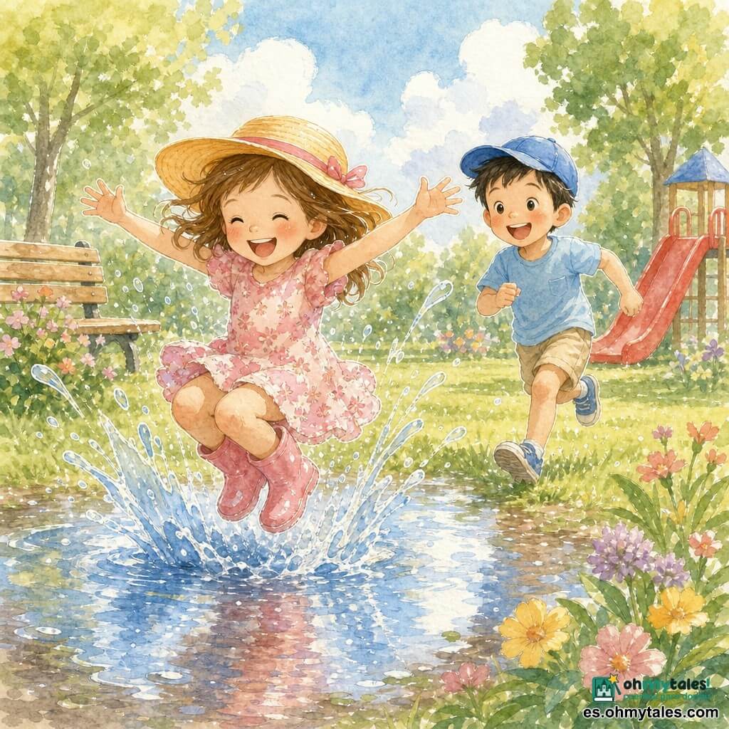 Hay dos niños: Ana, unos 6 años, pelo castaño medio, con sombrero amarillo de ala ancha y vestido de flores rosas, en el centro izquierda saltando en un charco con piernas flexionadas y brazos abiertos, sonriendo mientras saltan gotas; Luis, unos 7 años, pelo negro corto, con gorra azul, camiseta azul claro y pantalón corto beige, en el centro derecha ligeramente atrás corriendo hacia el charco riendo y levantando un pie. Escena en un parque de verano con césped verde, flores de colores, un gran tobogán rojo al fondo derecho y un banco a la izquierda, árboles de hojas verdes y cielo azul con nubes; los niños juegan alegremente junto a un gran charco brillante con salpicaduras, reflejos del cielo y movimiento capturado con trazos fluidos y toques blancos para las gotas, ambiente luminoso y cálido de la tarde.