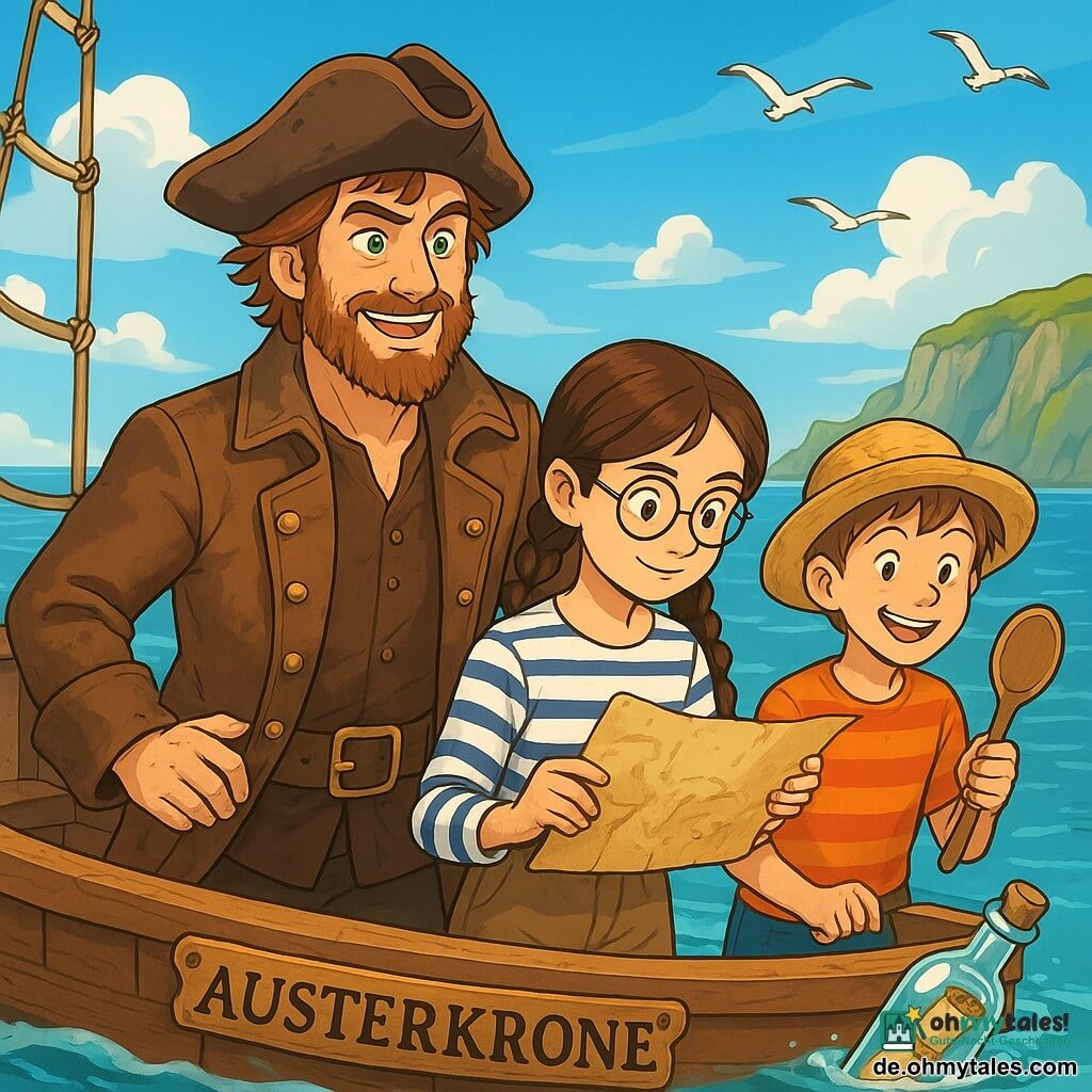 Im Zentrum des Bildes steht ein wettergegerbter Mann mit zerzausten Haaren und einem struppigen Bart auf der Brücke eines alten Piratenschiffs, der Austerkrone. Sein Gesichtsausdruck ist entschlossen und fröhlich, seine grünen Augen funkeln vor Neugier. Er trägt einen abgetragenen Lederumhang mit Messingknöpfen und einen schräg sitzenden Piratenhut. Neben ihm steht ein 12-jähriges Mädchen, Mira, mit geflochtenen braunen Haaren und runden Brillen, das eine alte Karte studiert. Sie hat einen konzentrierten und begeisterten Blick, gekleidet in ein gestreiftes Hemd und eine Leinenshose. Ein 10-jähriger Junge, Paddo, steht etwas im Hintergrund, hält einen großen Holzlöffel und hat ein schelmisches Lächeln im Gesicht. Er trägt einen Strohhut und ein buntes T-Shirt, bereit, alles zu probieren, was sich auf dem Schiff befindet. Die Szenerie zeigt einen ruhigen Ozean unter einem blauen Himmel mit weißen Wolken, sanfte Wellen streicheln den Schiffsrumpf. Im Hintergrund erheben sich majestätisch grüne Klippen, während Möwen darüber fliegen und der Szene Leben verleihen. Der Hauptmoment zeigt, wie Kapitän Finn, Mira und Paddo eine geheimnisvolle Flasche im Wasser entdecken, neugierig und aufgeregt über das Versprechen eines neuen Abenteuers.