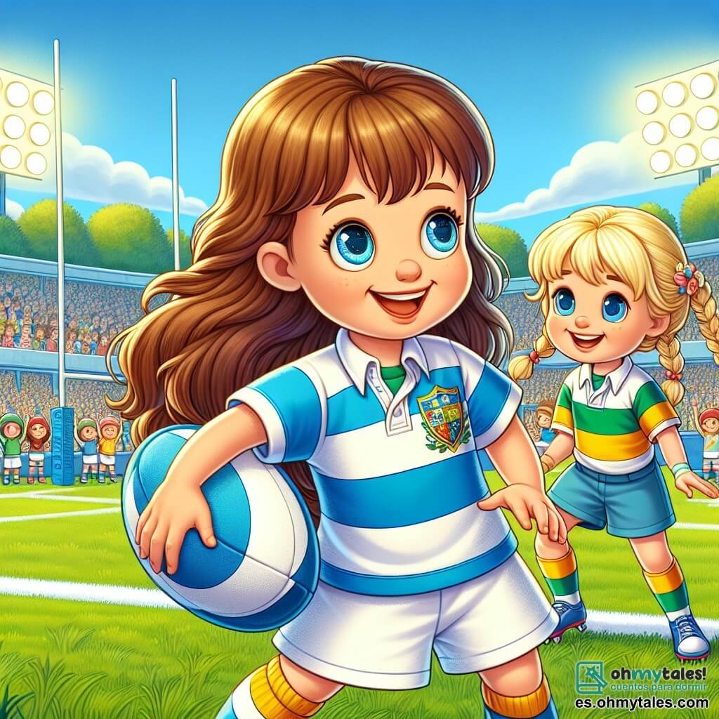 Una niña de 6 años, llamada Sofía, está en el centro de la imagen. Tiene el cabello largo y castaño, ojos brillantes de alegría y lleva un uniforme de rugby colorido: una camiseta blanca con rayas azules y pantalones cortos amarillos. Sonríe con entusiasmo, sosteniendo un balón de rugby bajo el brazo, lista para jugar. A su lado, otra niña de 6 años, Valentina, tiene el cabello rubio trenzado y también lleva un uniforme de rugby, pero de colores diferentes. Está pasando el balón a Sofía, mostrando una gran sonrisa y reflejando su amistad y espíritu de equipo. El fondo es un campo de rugby verde, rodeado de espectadores entusiastas, con árboles al fondo y un cielo azul claro. La situación principal muestra a Sofía y Valentina en plena acción, listas para hacer un pase decisivo durante un partido amistoso, ilustrando el espíritu de camaradería y el placer del deporte.