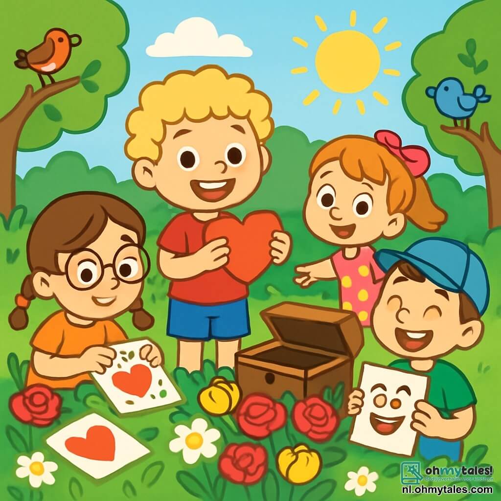 Er zijn 4 kinderen: Max, een 8-jarig jongen met blond, krullend haar, in een rood t-shirt en een blauwe short, staat in het midden, glimlachend met een hartvormige kaart. Emma, een 7-jarig meisje met bruine vlechten en ronde bril, staat links van Max en versiert een kaart met kleurrijke glitters. Sam, een 8-jarig jongen met een blauwe pet en een groen t-shirt, staat rechts van Max, lachend met een kaart met een grappig gezicht. Lily, een 7-jarig meisje met een grote roze strik in haar haar en een bloemenjurk, staat achter Max en wijst naar een doos die verstopt is tussen de bloemen. De locatie is een mooie lentetuin vol kleurrijke bloemen zoals rode rozen, gele tulpen en witte madeliefjes. Vogels zingen in de groene bomen en de zon schijnt, wat een vrolijke en lichte sfeer creëert. De kinderen ontdekken een verborgen doos tussen de bloemen, met verrassende en opgewonde gezichten, omringd door zelfgemaakte Valentijnskaarten, vol vreugde en vriendschap.
