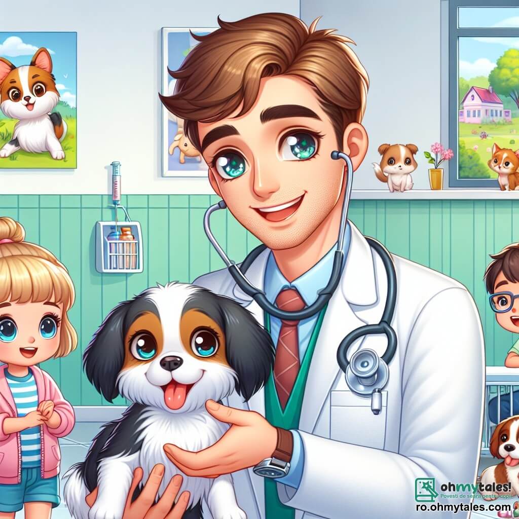 Un veterinar pe nume Andrei se află în centrul imaginii, zâmbind cu ochii strălucitori de bucurie. Poartă un hal alb, un stetoscop la gât și are părul brun ușor ondulat. Este așezat în genunchi, mângâind un cățel cu blană albă și neagră, care pare fericit și jucăuș. Lângă el se află Maria, o asistentă veterinară de aproximativ 30 de ani, cu părul castaniu prins în coc. Ea ține o seringă într-o mână și zâmbește călduros, pregătită să-l ajute pe Andrei. Un pic mai încolo, doi copii, Radu și Ana, în vârstă de 8 și respectiv 7 ani, privesc cu uimire. Radu, un băiat cu părul blond și ochi albaștri, este curios, în timp ce Ana, o fetiță cu părul brun și ochi strălucitori, râde jucându-se cu o jucărie în formă de pisică. Scena se desfășoară într-o clinică veterinară luminoasă și primitoare, cu pereți vopsiți în verde pastel și afișe colorate cu animale. Jucăriile pentru animale sunt împrăștiate pe podea, iar o fereastră mare lasă să intre lumina soarelui, iluminând spațiul. Situația principală îl arată pe Andrei examinând cățelul, vorbindu-i ușor pentru a-l liniști, în timp ce Maria pregătește o injecție. Copiii, fascinați, observă atent, învățând cum să aibă grijă de animale cu dragoste și atenție.