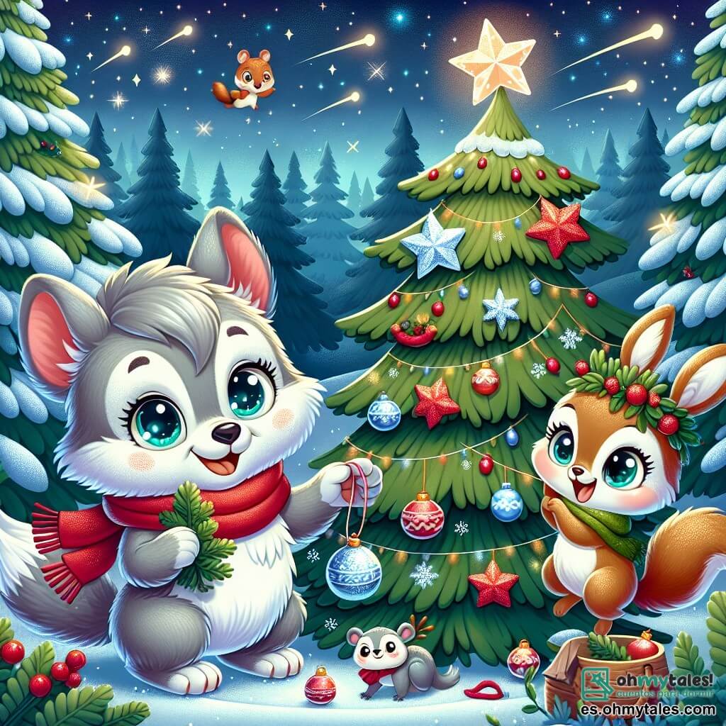 Un pequeño lobo de ojos brillantes y pelaje gris suave, con una bufanda roja alrededor del cuello, sonríe alegremente mientras decora un gran árbol de Navidad en un bosque encantado. Cuelga estrellas brillantes hechas de nieve y adornos coloridos, desbordando emoción y felicidad. A su lado, una adorable ardilla de ojos vivos y pelaje marrón claro, con una pequeña corona de hojas en la cabeza, ríe mientras sostiene una guirnalda de bayas rojas, lista para colgarla en el árbol. Un alegre conejito de grandes orejas, con un abrigo verde, danza alrededor de ellos, sus mejillas rosadas reflejando su alegría, mientras trae decoraciones adicionales. La escena se desarrolla en un claro mágico, rodeado de grandes abetos cubiertos de nieve brillante, bajo un cielo estrellado donde estrellas fugaces iluminan la noche. La situación principal muestra al lobo y sus amigos unidos en una alegre preparación navideña, llenos de amor y camaradería, creando juntos un árbol de Navidad mágico que brillará intensamente.