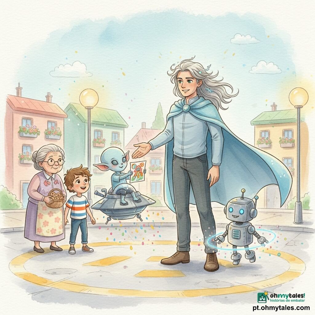 Um homem — Lúmen Relâmpago — sorridente e sereno, cabelos prateados em mechas como pequenos raios e olhos verdes, veste capa azul-clara; estende a mão para uma pequena criatura alienígena. À direita, Zico, um pequeno robô metálico prateado com olhos LED azuis e expressão travessa, circula nos pés de Lúmen soltando faíscas coloridas. À frente e ligeiramente à esquerda, Zuzu, um menino alienígena de pele azul-pálida, grandes orelhas e olhos brilhantes, está preso na borda de sua mininave, sorrindo e segurando um desenho colorido. Atrás à esquerda, Dona Estrela, senhora de cerca de 70 anos com cabelos grisalhos trançados e vestido floral, oferece um cesto de biscoitos. Ao lado de Zico, Miguel, um menino de ~8 anos de cabelos castanhos bagunçados e camiseta às riscas, olha para Zuzu maravilhado. Cena na pista de pouso de Luzópolis: concreto claro com marcas amarelas gastas, postes de luz arredondados, prédios baixos de fachadas pastéis e jardineiras floridas; leve pólen no ar captando a luz. Atmosfera acolhedora e curiosa, cores suaves e luminosas, estilo aquarela com pequenos reflexos.