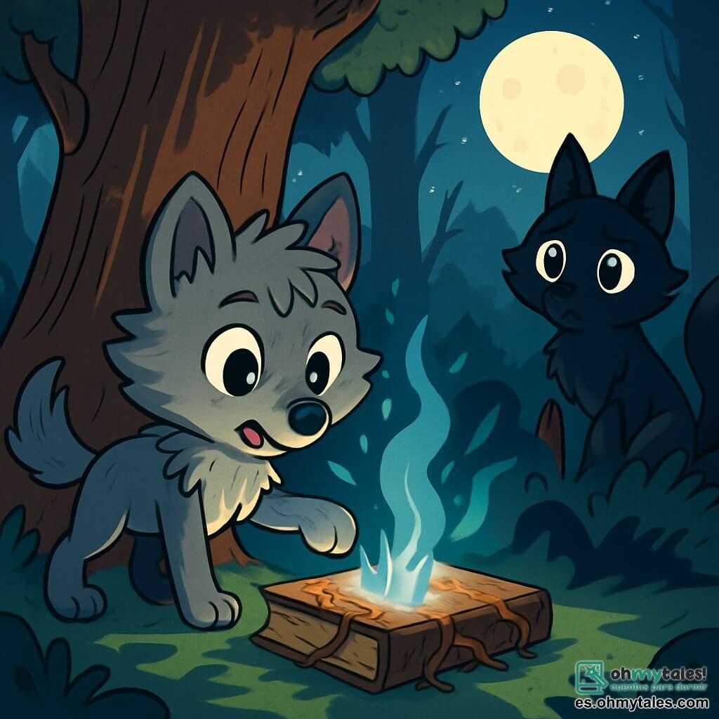 Un pequeño lobo gris, llamado Luno, se encuentra en el centro de la escena, con ojos brillantes y curiosos, su pelaje alborotado por el viento. Mira un libro antiguo, cubierto de polvo y raíces, que está bajo un gran roble, su expresión mezcla asombro y aprensión. A su lado, una zorra de pelaje negro como la noche, llamada Sombra, se mantiene un poco atrás, sus ojos brillando de preocupación. Observa a Luno con un destello de esperanza, lista para ayudarlo en esta misteriosa aventura. El escenario es un bosque misterioso, donde enormes árboles de troncos retorcidos se elevan hacia un cielo estrellado, iluminado por una luna llena que aclara el camino. Sombras bailan a su alrededor, creando una atmósfera mágica y ligeramente inquietante. La situación principal muestra a Luno abriendo el libro, mientras destellos de luz azul emergen de las páginas, proyectando sombras extrañas en el suelo, simbolizando las historias aterradoras que cobran vida.