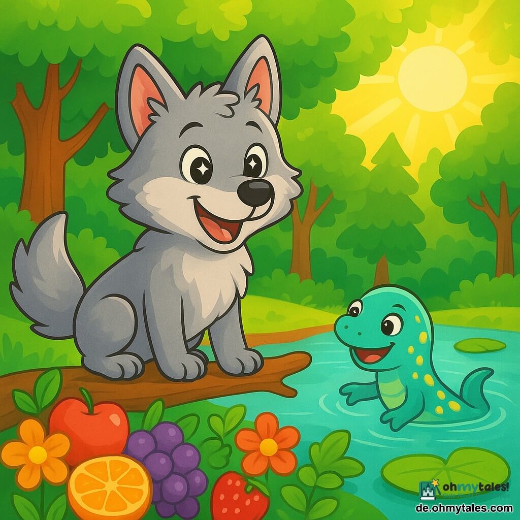 Ein Wolf mit weichem, silbernem Fell und glänzenden, sternenähnlichen Augen steht im Mittelpunkt der Szene und zeigt einen fröhlichen, freundlichen Ausdruck. Er lächelt, seine großen Ohren sind aufgestellt, und seine Pfoten ruhen auf einem alten Ast, bereit zu singen. Neben ihm schwimmt ein kleiner Triton mit schimmernden Schuppen und einem schelmischen Lächeln fröhlich im klaren Wasser eines Sees, umgeben von Seerosen. Im Hintergrund erhellt ein dichter Wald mit majestätischen Bäumen, leuchtend grünen Blättern und Sonnenstrahlen, die durch die Äste filtern, die Szene. Die Hauptsituation zeigt den Wolf und den Triton, die ein Festmahl vorbereiten, um alle Tiere des Waldes zu versammeln, mit bunten Früchten und verstreuten Blumen um sie herum, was eine Atmosphäre von Freude und Kameradschaft schafft.