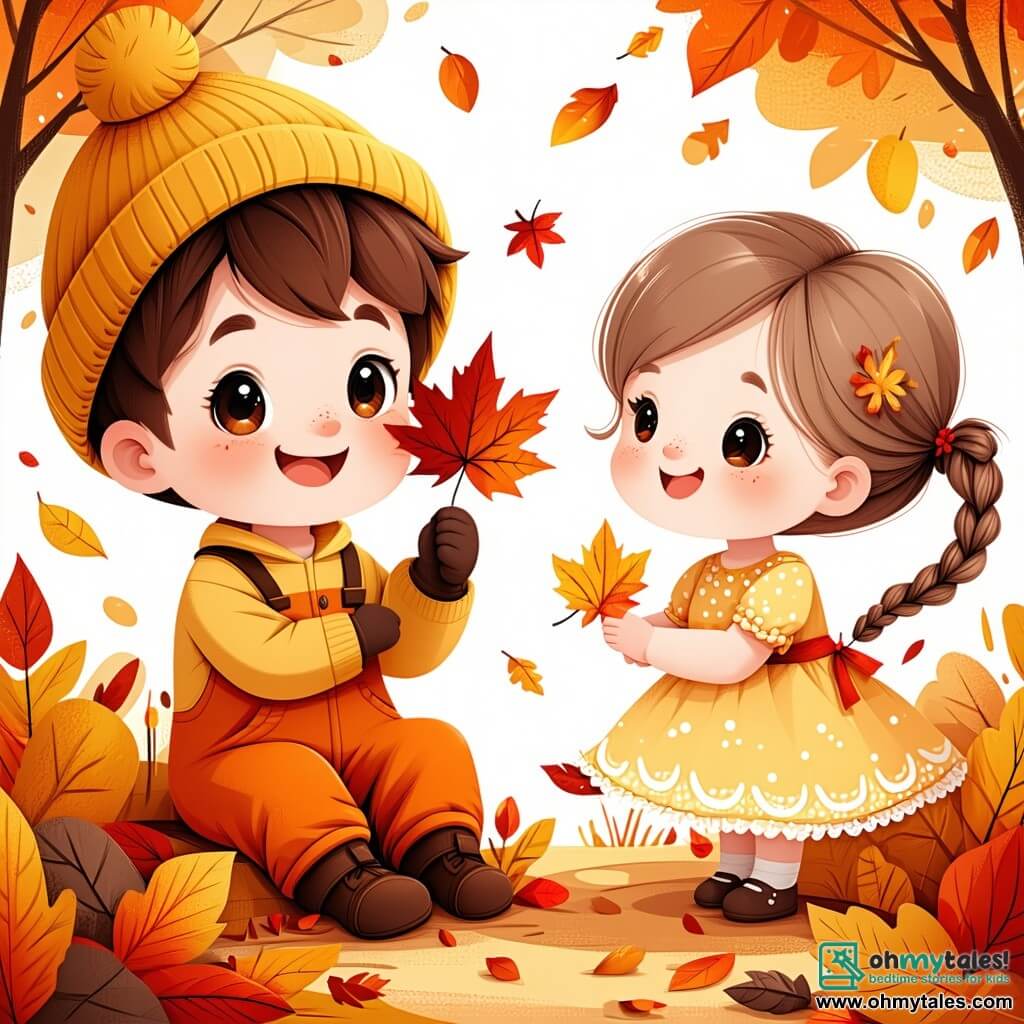 A 1-year-old boy with messy brown hair and bright sparkling eyes is sitting on a colorful autumn leaf carpet, smiling widely. He is wearing an orange jumpsuit and a yellow wool hat, holding a shiny red leaf in his small hands. Next to him, a 5-year-old girl with braided blonde hair and a floral dress is collecting leaves. She looks at Max with a joyful smile, her cheeks rosy from the autumn chill. The scene takes place in a sunny park, with majestic trees shedding their vibrant leaves. The sky is bright blue, and white clouds float lazily. Max and Lily are surrounded by colorful leaves as they enjoy picking the prettiest ones to show their teacher. The atmosphere is cheerful and filled with laughter, capturing the magic of an autumn day.