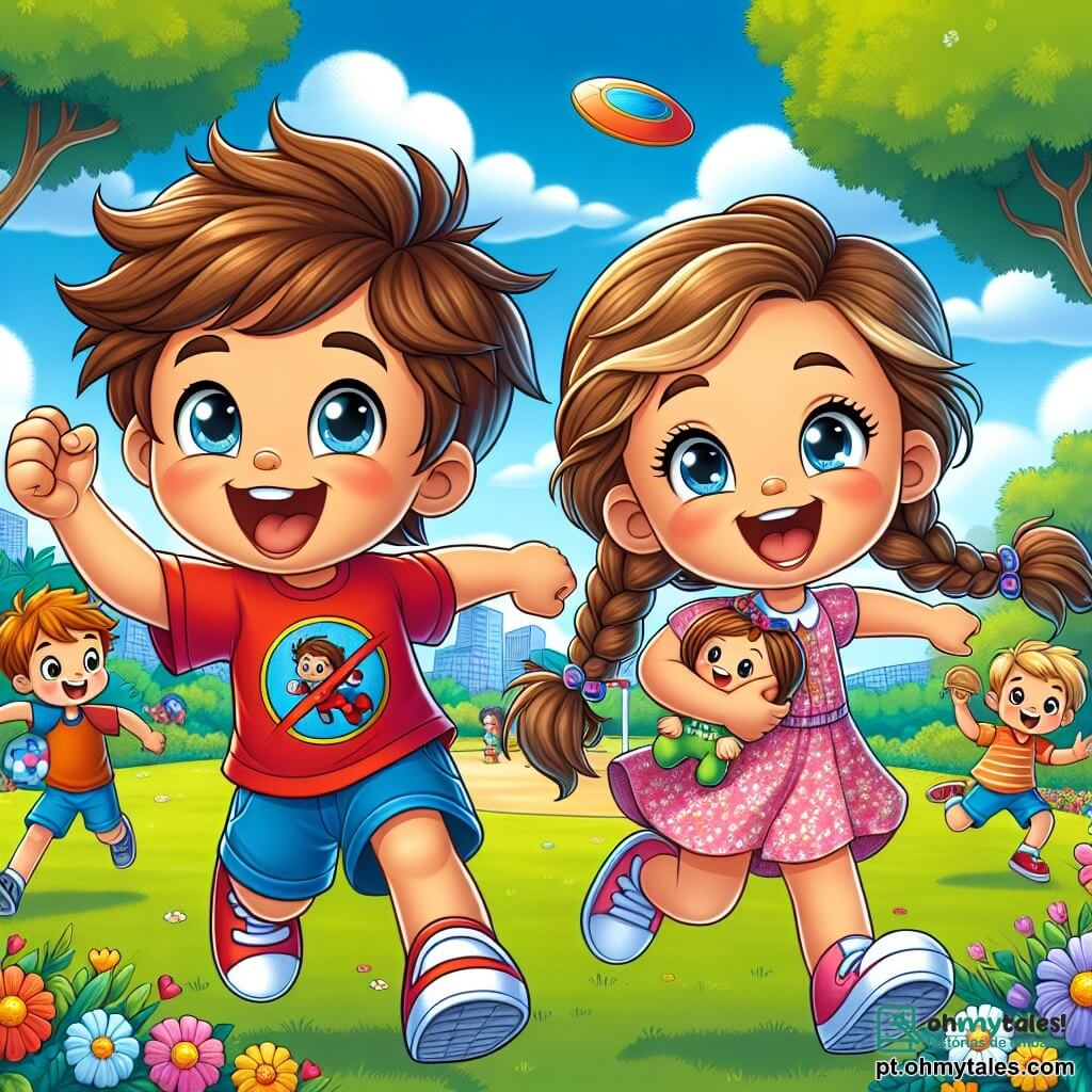 Um menino de 6 anos, Lucas, com cabelo castanho bagunçado e olhos brilhantes de alegria, usa uma camiseta vermelha com um super-herói e um short azul. Ele está correndo em um parque verdejante, com um grande sorriso no rosto, os braços abertos como se estivesse voando. Ao lado dele, sua melhor amiga Sofia, uma menina de 6 anos com cabelo loiro trançado e um vestido rosa com flores, segura uma boneca em uma mão e um frisbee na outra, pronta para brincar. Ao fundo, há árvores majestosas, flores coloridas e um céu azul brilhante com algumas nuvens brancas fofas. A cena principal mostra Lucas e Sofia se divertindo juntos, correndo em direção a um grupo de amigos para jogar bola, ilustrando a alegria de brincar ao ar livre sem telas.