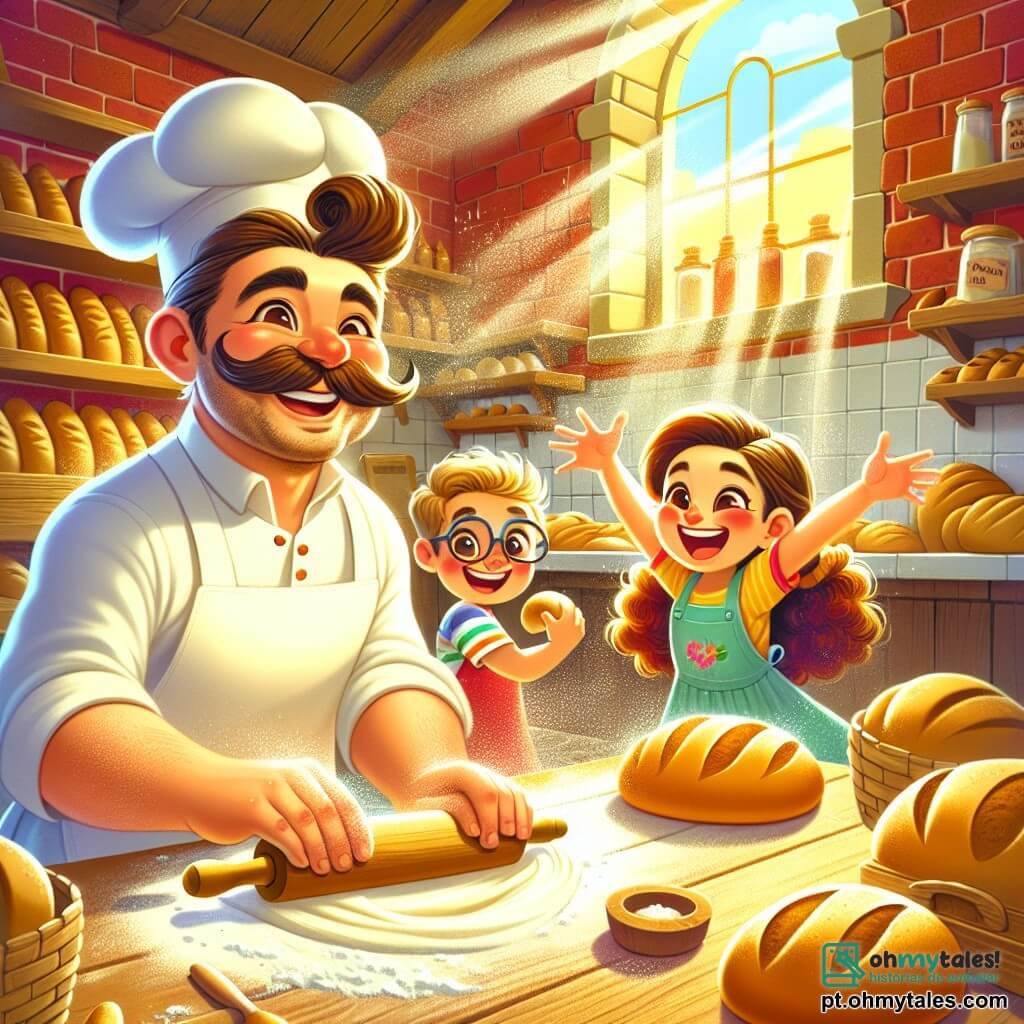 O personagem principal é um homem alegre, o padeiro, com um grande sorriso e um bigode bem aparado. Ele usa um avental branco brilhante e está amassando a massa do pão com entusiasmo, seus braços musculosos mostram que ama seu trabalho. Ao lado dele, uma menina de 8 anos, Lúcia, com cabelos castanhos e cacheados, observa com olhos maravilhados. Ela usa um vestido colorido e segura um pequeno rolo de massa, pronta para ajudar. Um menino de 7 anos, Miguel, com óculos e cabelos loiros, pula de alegria, segurando um pedaço de pão quente nas mãos, com um grande sorriso no rosto. A cena acontece em uma charmosa padaria, com paredes de tijolos vermelhos e prateleiras de madeira cheias de pães dourados. Raios de sol filtram pelas janelas, iluminando a farinha que dança no ar. A situação principal mostra o padeiro e as crianças se divertindo juntos, preparando pão, com risadas e gestos alegres, criando uma atmosfera calorosa e acolhedora.