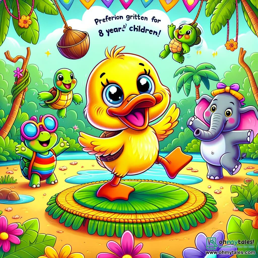 A duck named Quackers, with bright yellow feathers and a vibrant orange beak, stands at the center of the scene, eyes sparkling with joy and a big smile on his face, dancing on a carpet of green leaves. Next to him, Tilly the little turtle, with a colorful rainbow shell, claps and laughs, while Ellie the elephant, with her large ears and sunglasses on her trunk, balances a coconut on her head. In the background, a stunning jungle landscape unfolds, with lush trees, vibrant flowers, and hanging vines. The scene depicts the animals' talent show, where all of Quackers' friends are having fun together, jumping and dancing around him, creating a joyful and festive atmosphere.